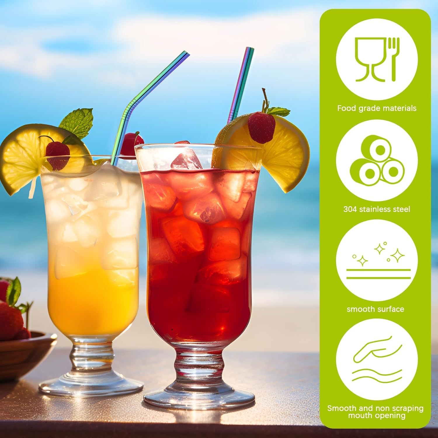 14 Pcs Stainless Steel Straws, Long Metal Straws, Reusable Metal Straw Set with Straight Bent Wide Straws, Straw Brushes and Straw Pouch for Smoothie Milkshake Cocktail Drinks (Colorful)