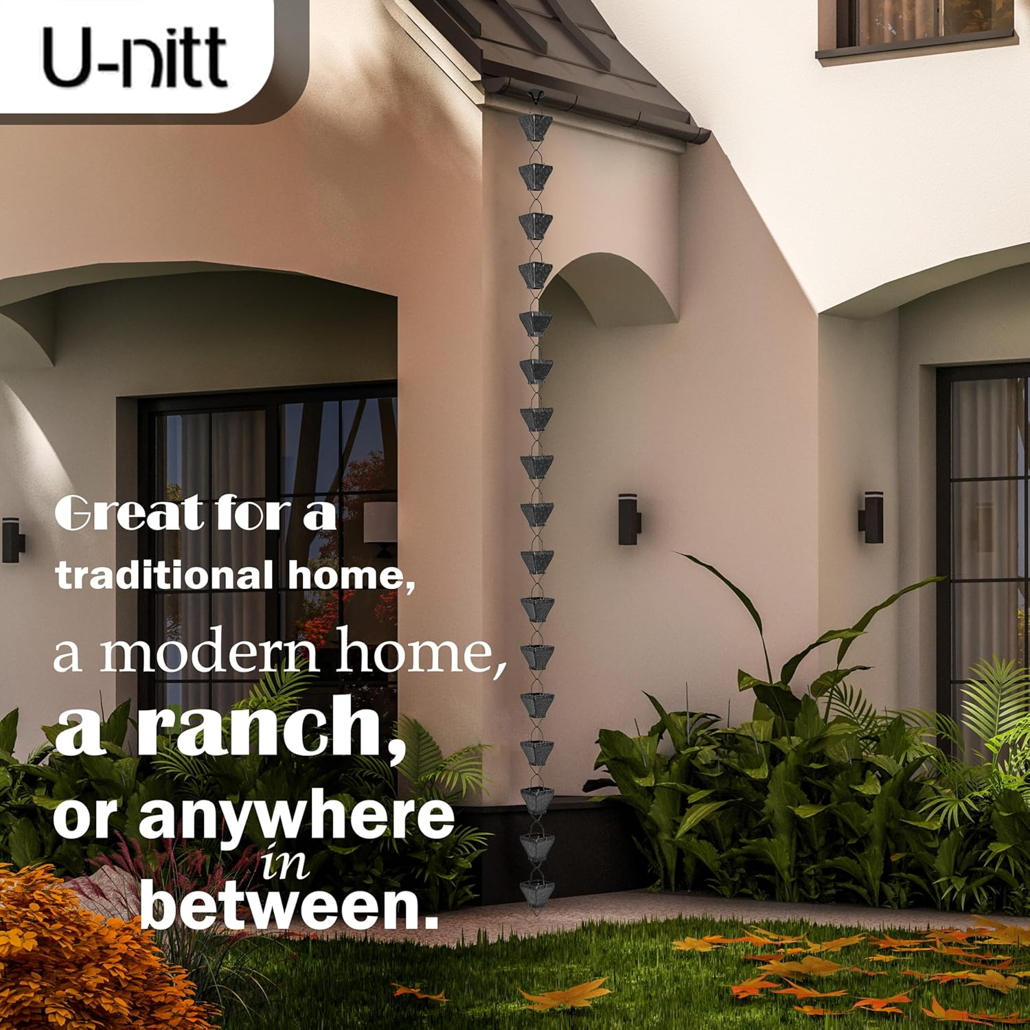 U-Nitt Rain Chain Water Collection for Gutters, Rainwater Catcher & Diverter, 8.5 FT Chains for outside Garden, Black Square Cups, Roof Downspout, Works with Heavy Rain, W/Gutter Clip for Rainchains