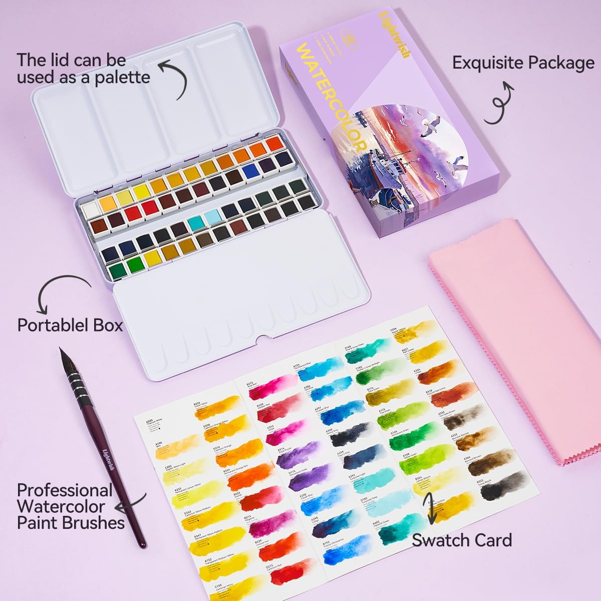 LIGHTWISH Watercolor Paint Set, 48 Colors Professional Watercolor Paint with Watercolor Brushes, Travel Watercolor Set for Artists and Crafters, Art Supplies for Adults image number 5