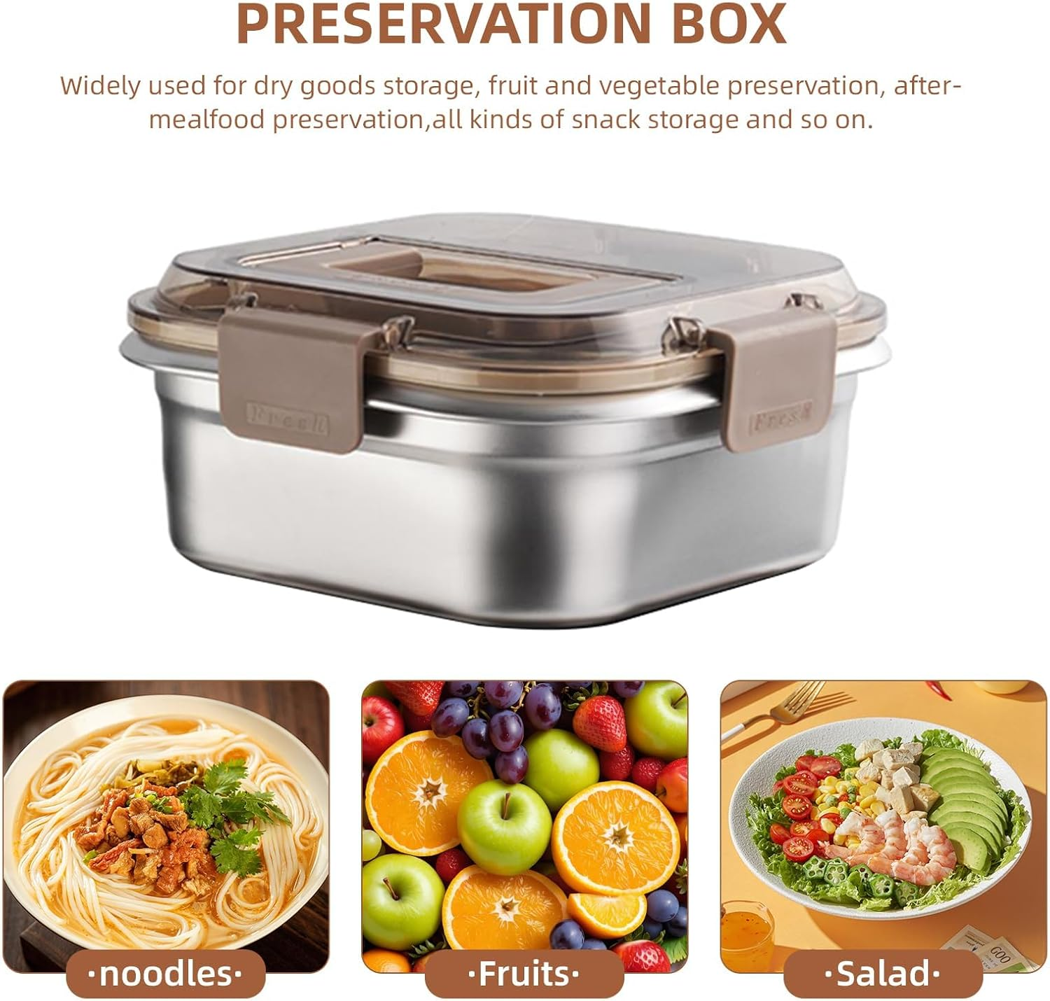 Food Storage Containers Outdoor 316 Stainless Steel Crisper Box Refrigerator Freezer Storage Box Fruit Seal Box Microwave Oven Heat-Resistant (2200ML) image number 6