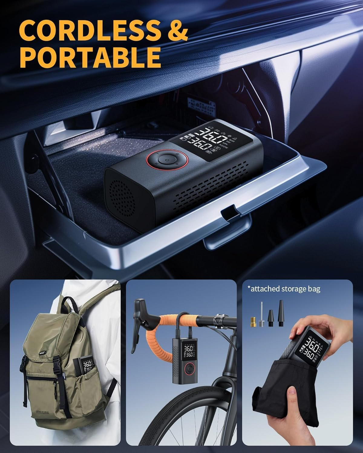 Tire Inflator Portable Air Compressor, 150 PSI Cordless Mini Bike Tire Pump, Air Pump for Auto, Motorcycle, Bicycle, Balls with Pressure Gauge&Led Light - Black B image number 3