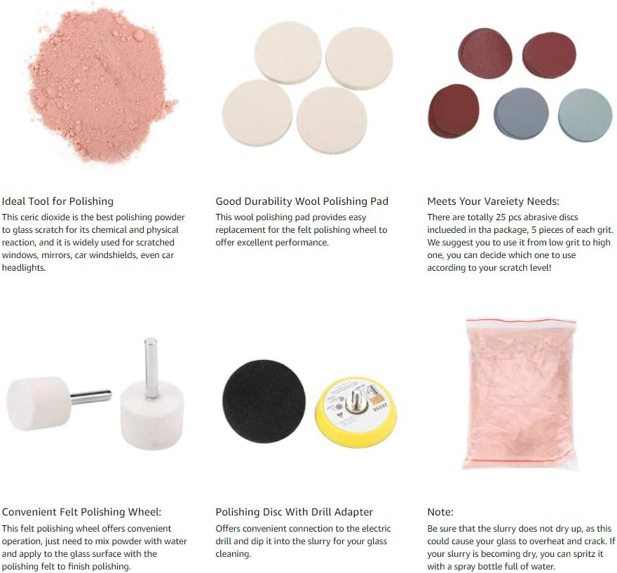 Glass Scratch Removal Set, Ceric Dioxide Abrasive Discs Polish Pad Felt Practical Glass Scratch Removal Kit Suitable for Any Windscreen Other Type Glass image number 1