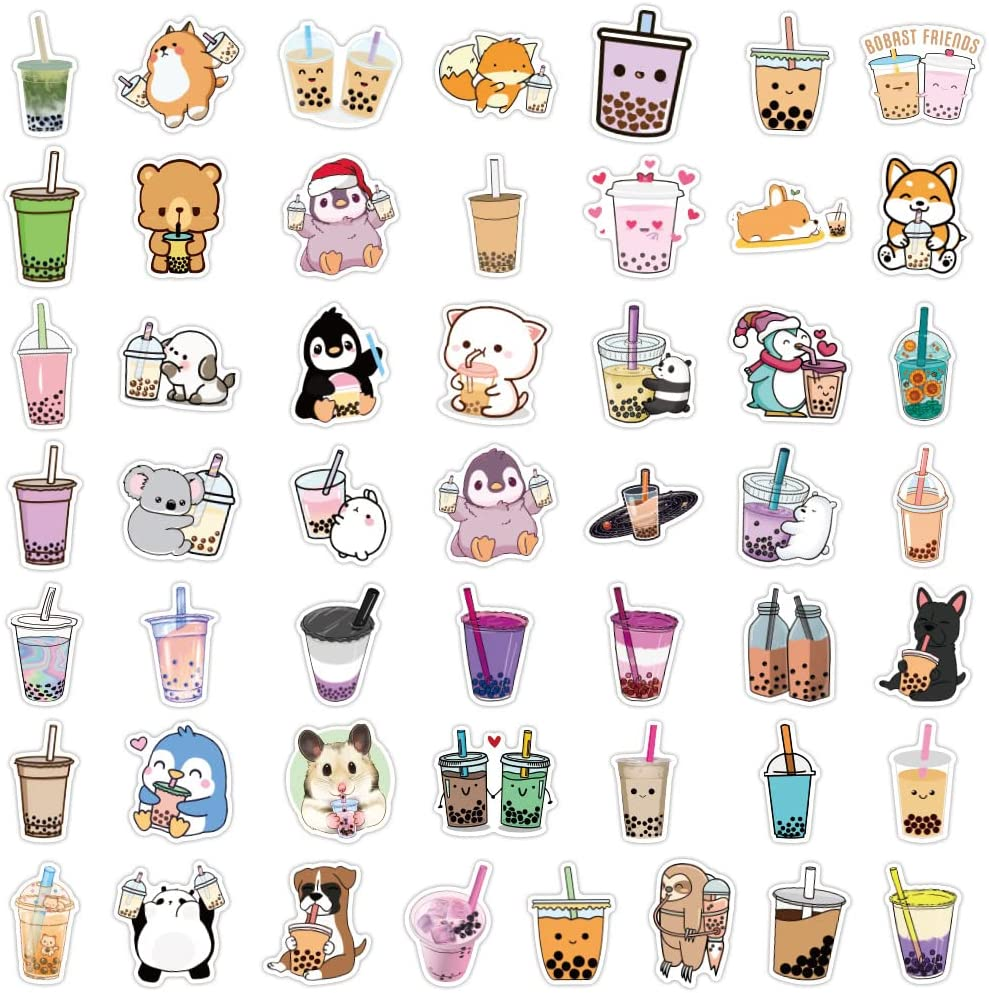 52 PCS Bubble Tea Stickers, Cute Pearl Milk Tea Vinyl Waterproof Stickers for Teens Girls Kids, Perfect for Waterbottle Laptop Phone Fridge Guitar Luggage Bumper Computer Car Summer Drink Stickers image number 1