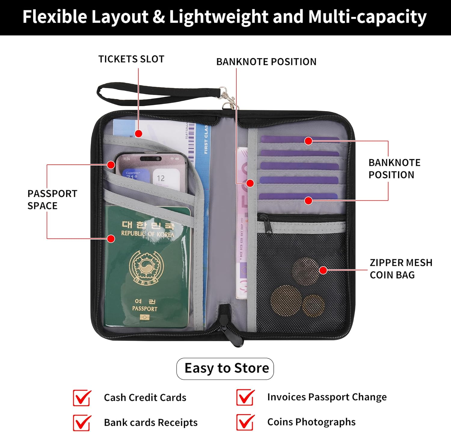 RFID Blocking Passport Holder Family Travel Holiday Wallet Accessories Document Organiser for Tickets Cash Passport ID Card Credit Cards Pen Waterproof Cover Travel Essentials Case for Women Men image number 4