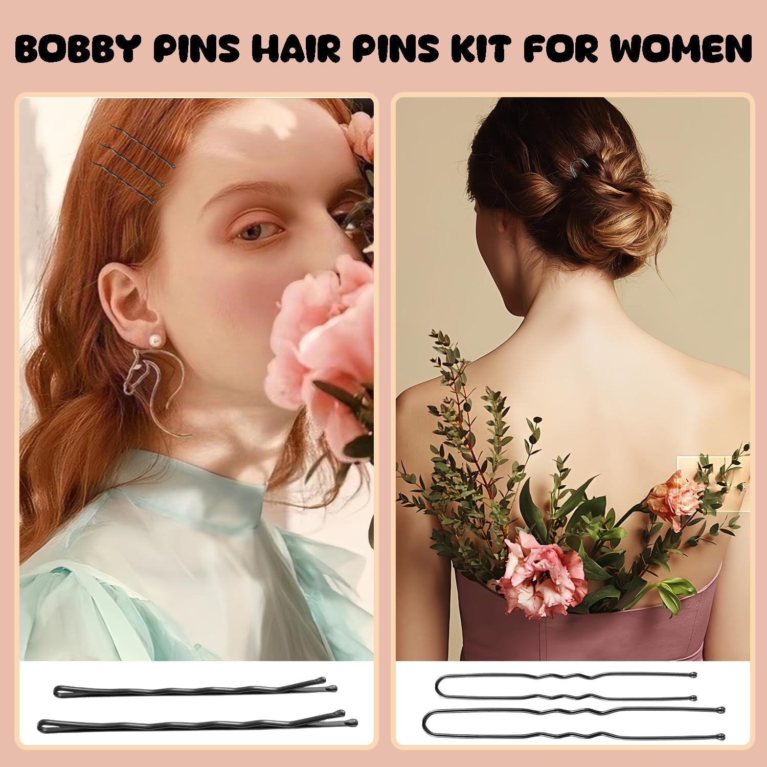 300Pcs Bobby Pins Set, 100 Hair Grips 100 U Shaped Pins 100 Hairbands for Women, Hairpins for Buns, Black Hair Styling Accessories with Storage Box image number 4