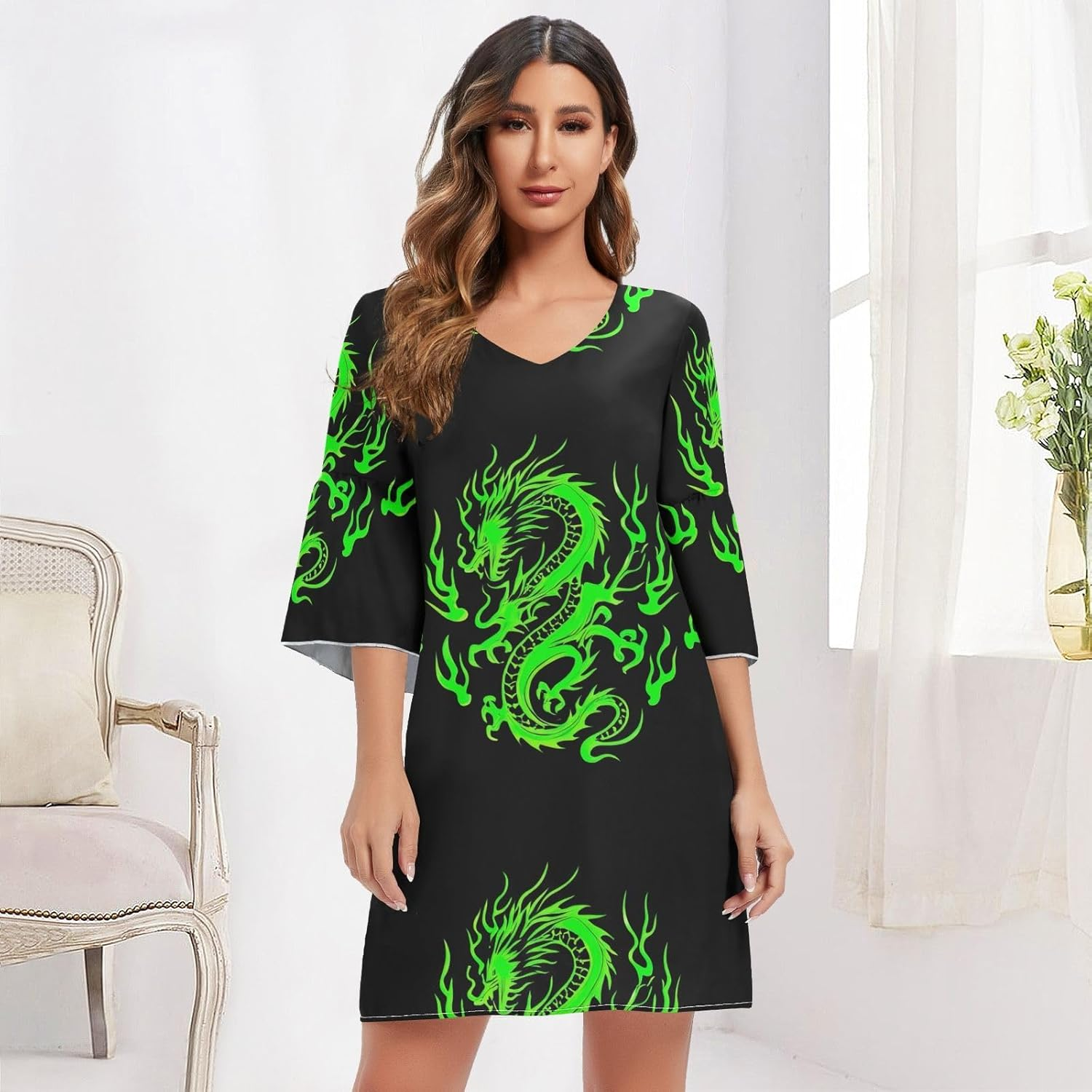 Green Dragon Black V Neck Line Dress Printed Line Maternity Dress S-XXL