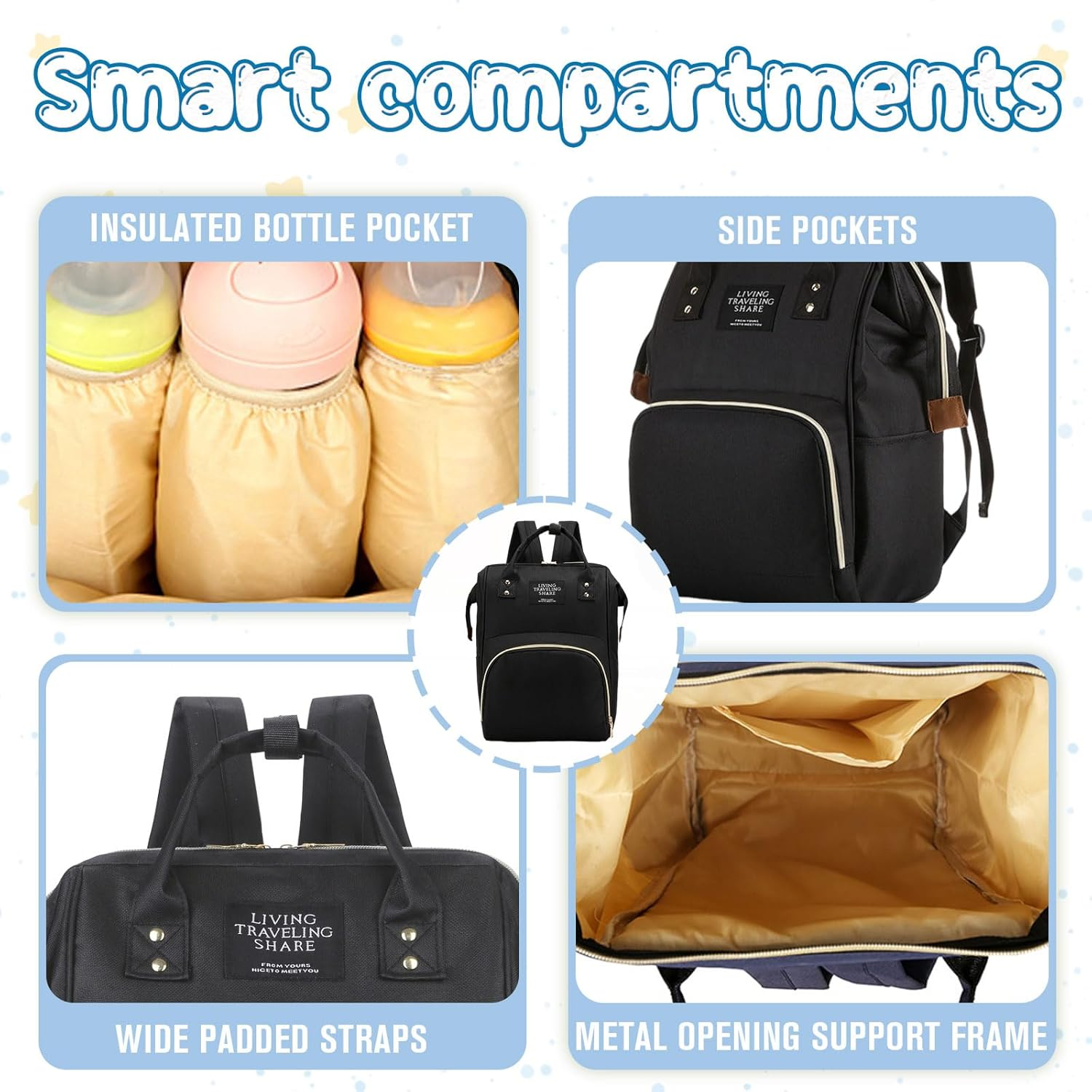 Fiohiros Nappy Bags for Baby - Waterproof Baby Bag for Mum with Insulated Pockets, Large Nappy Backpack & Stroller Straps, Hospital Bag Maternity Essentials - Black image number 2