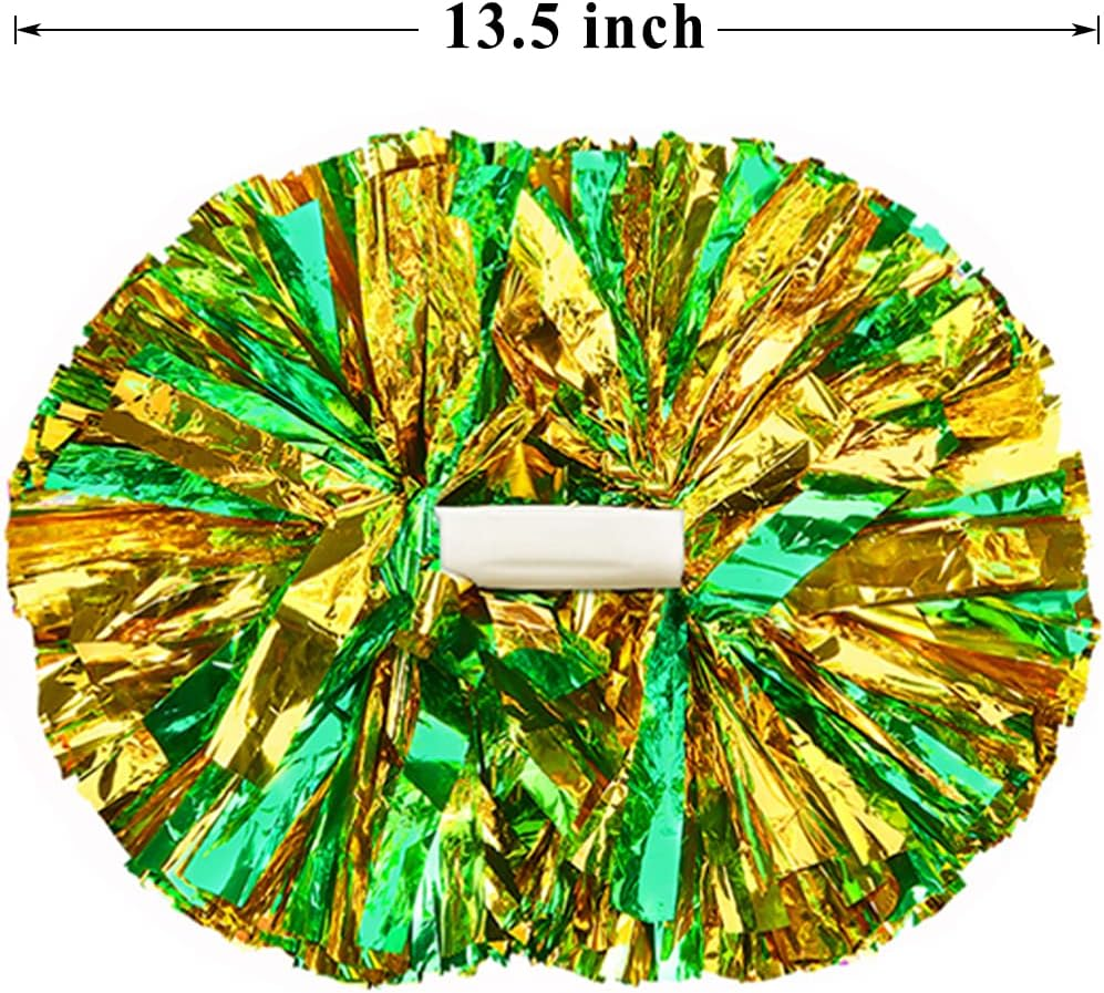 4 Pack Cheerleading Pom Poms,Metallic Cheer Pom Poms with Training Baton Handle for Team Sport Spirit Squad Bulk Cheerleaders(Green and Gold) image number 2