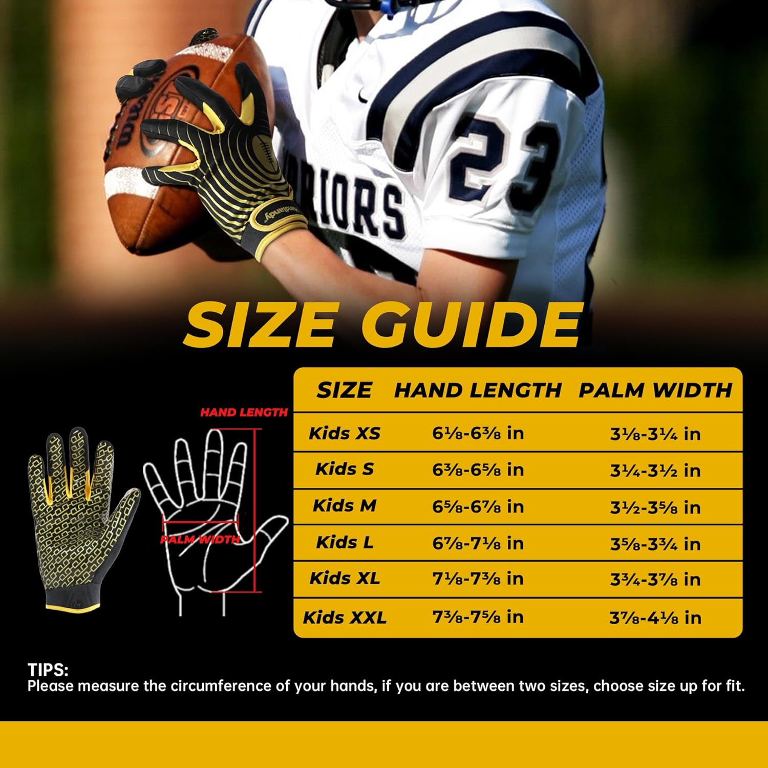HANDLANDY Youth Football Gloves - Sticky Receiver Gloves for Kids & Adults, Black & Gold, Stretch Fit (X-Small) image number 5