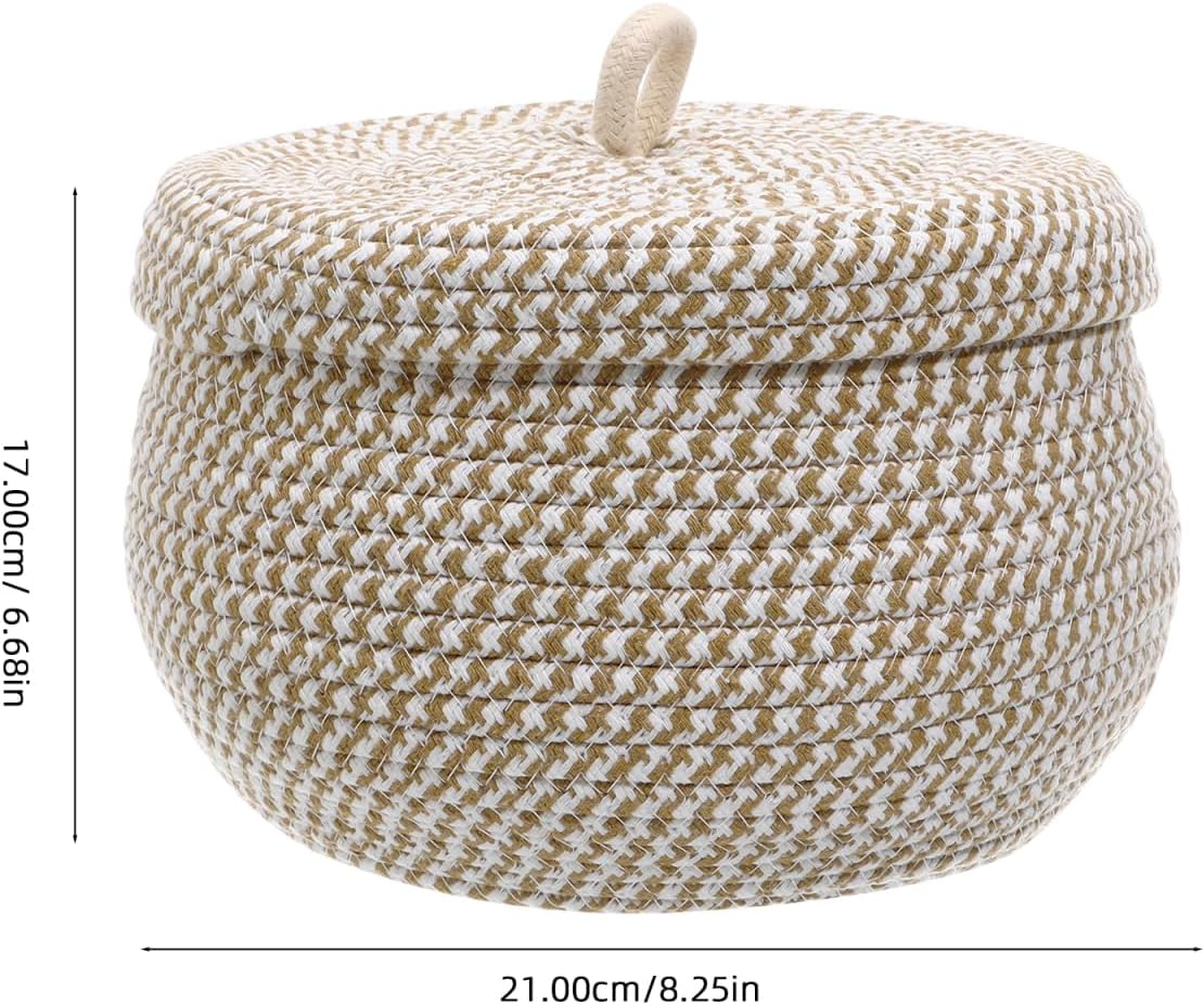 POPETPOP Cotton Rope Storage Basket with Lid round Woven Baskets for Home Organization Decorative Cotton Rope Holder for Snacks Cosmetics Sundries Stylish Storage for Any Room image number 1