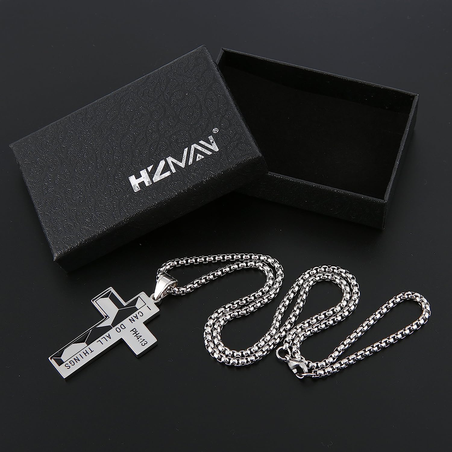 HZMAN Basketball Football Soccer Cross Pendant, I CAN DO ALL THINGS STRENGTH Bible Verse Stainless Steel Necklace - Black image number 3