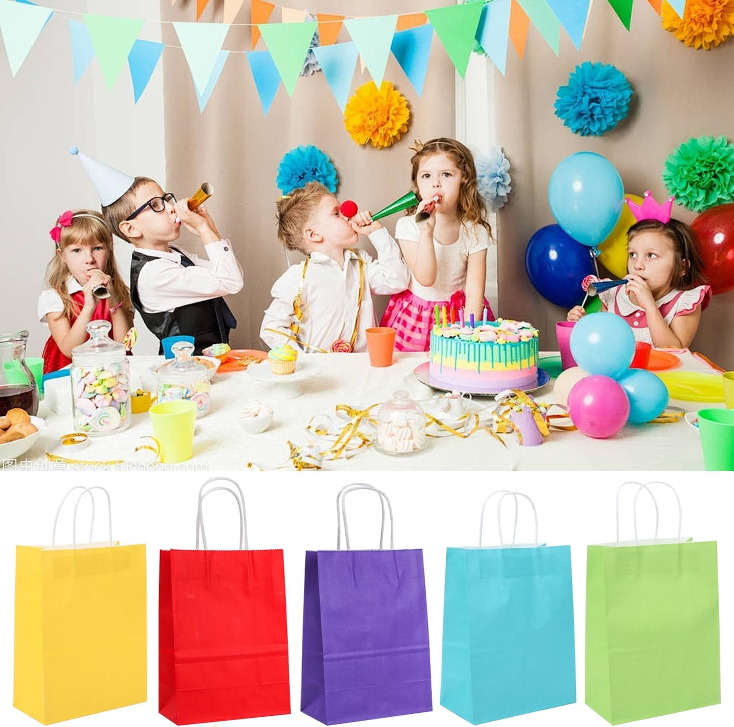 50 Pieces Paper Gift Bags with Handle, H HOME-MART Gift Bag Kraft Paper Party Bag Rainbow Gift Bag for Kids Birthday, Baby Shower, Crafts, Wedding, Christmas Party Supplies