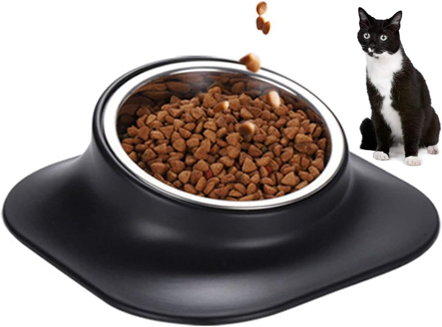 Raised Cat Bowl Pet Bowl,Stainless Steel Elevated Small Dog Bowls,15&deg;Tilted Whisker Reliefs Fatigue Free Stress anti Vomiting Cat Food Water Bowls,Non Slip Cat Feeding Bowls (Double Bowl/Blue)