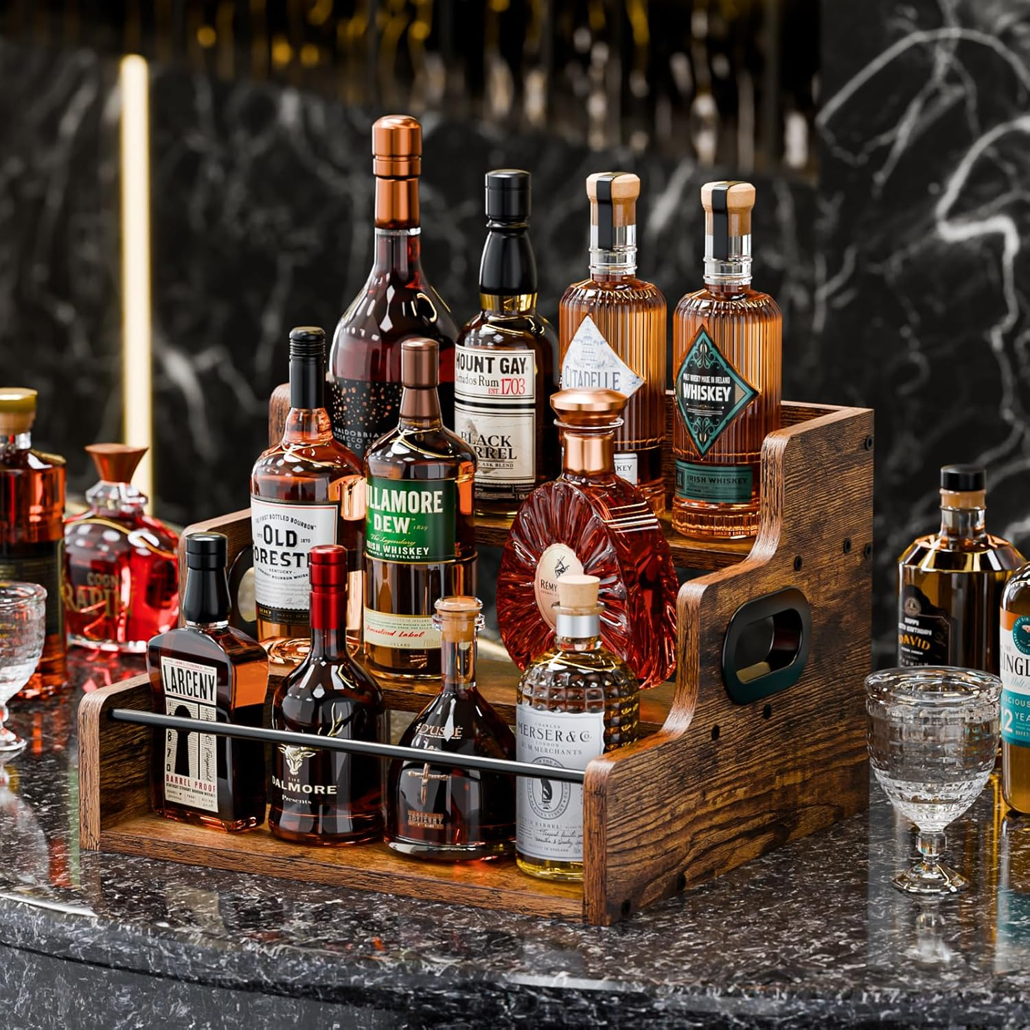 KLM Liquor Bottle Display Shelf, Coffee Syrup Rack Organizer, 3 Step Countertop Liquor Wine Rack, Mini Bar,Liquor Cabinet, Home Retro Bar Shelf Stand for Liquor Whiskey, Spirits, Brown, GL-06 image number 5