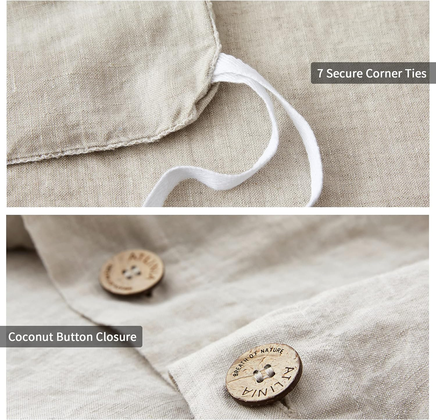 ATLINIA 100% Flax Linen Duvet Cover Set - Stone Washed Pure French Linen Organic Fabric for Boho Bedding Farmhouse Quilt Comforterset Includes 1 Duvet Cover 2 Pillow Shams(Natural, Queen) image number 5