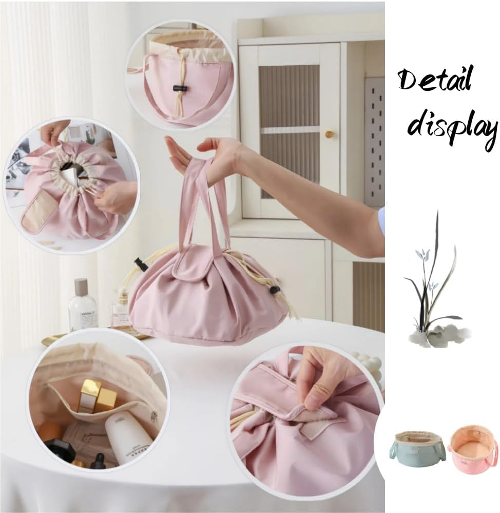 Drawstring Makeup Bag or Lay Flat Drawstring Makeup Bag Portable Large Cosmetic Organizer Travel Toiletry Brush Pouch for Bag Enthusiast(Green)