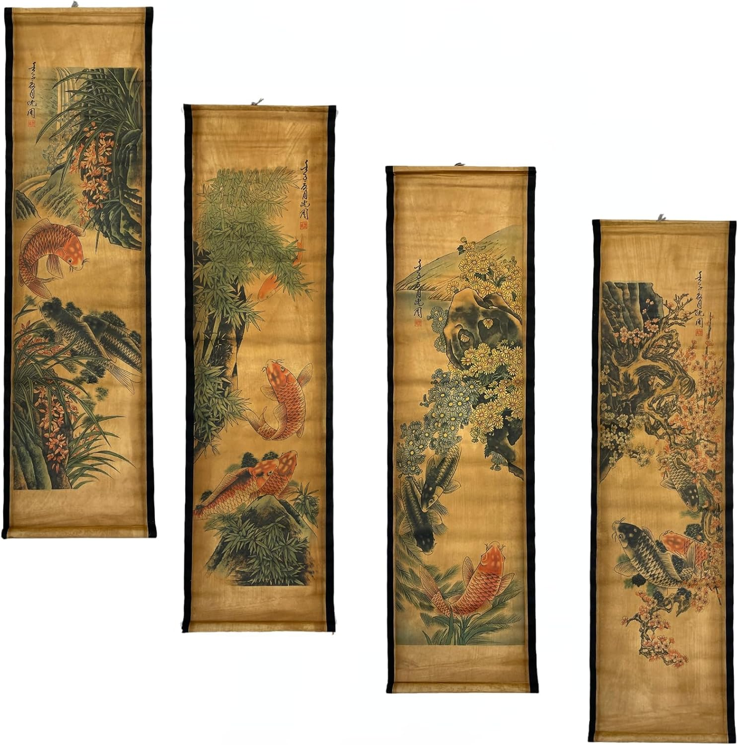 4Pcs/Set Wall Scroll Hanging Painting Decor Fish Flower Fengshui, Ancient Paintings Replica Asia Traditional Art, Attract Wealth Four Seasons image number 6