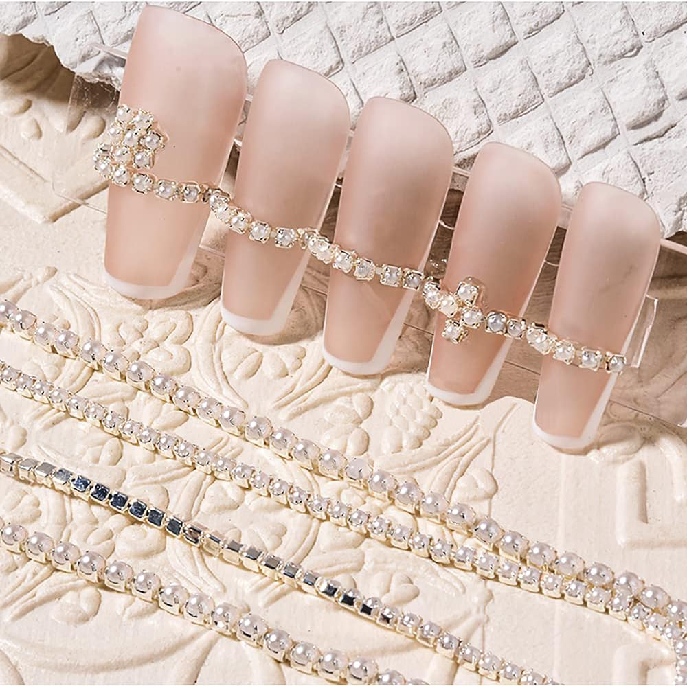 3D AB Rhinestone Chain Nail Art Studs Crystal Diamond Chain Pearl Chain Nail Decoration Metallic Chains Alloy Punk Pendant Ornaments for Nail Art Decoration & DIY Crafting Design (6 Pcs) image number 1