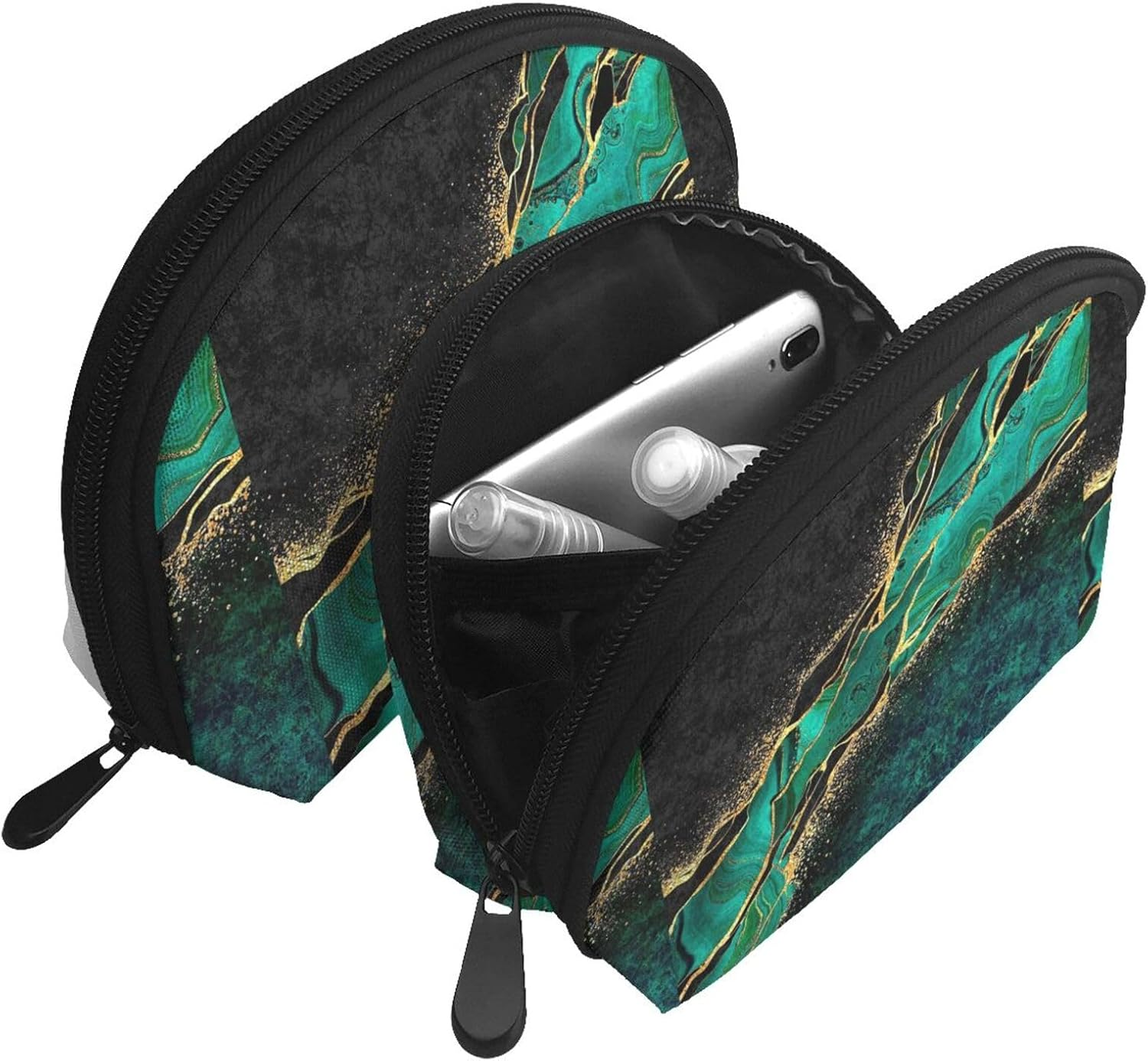 Cozimangoe Coin Pouch Makeup Bags Set, 2 Piece Shell Shape Cosmetic Bag with Pockets for Daily Travel Handbag Lipstick Keys Toiletry, Personalized Black Teal Marble & Malachite with Veins Gold Spots image number 4