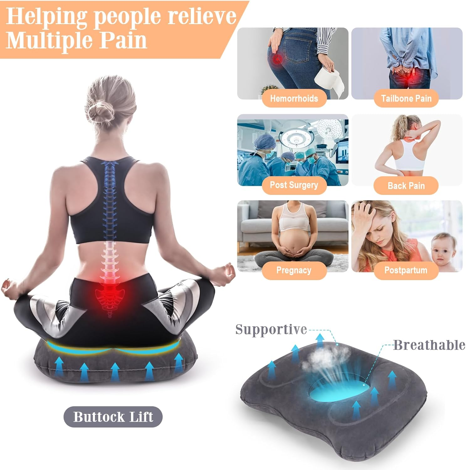 Airswim Inflatable Hemorrhoid Pillows, Donut Pillow for Tailbone Pain, Adjustable Inflatable Seat Cushion for Bed Sores, Postpartum Pregnancy, Car Seat, Airplane, 17.7'' X 15.4'' X 4.3''(Grey) image number 6