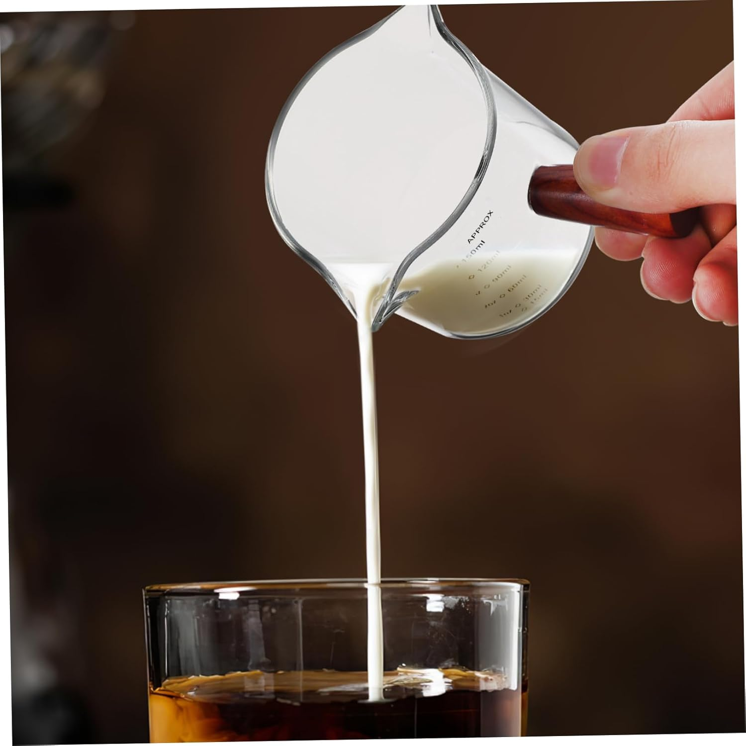 WEKADRIN 2 Pcs Glass Creamer Pitchers with Wood Handle Espresso Measuring Cups Graduated Borosilicate Glass for Coffee Milk Syrup Safe Rounded Edges Compact Design for Home and Cafe Use image number 2