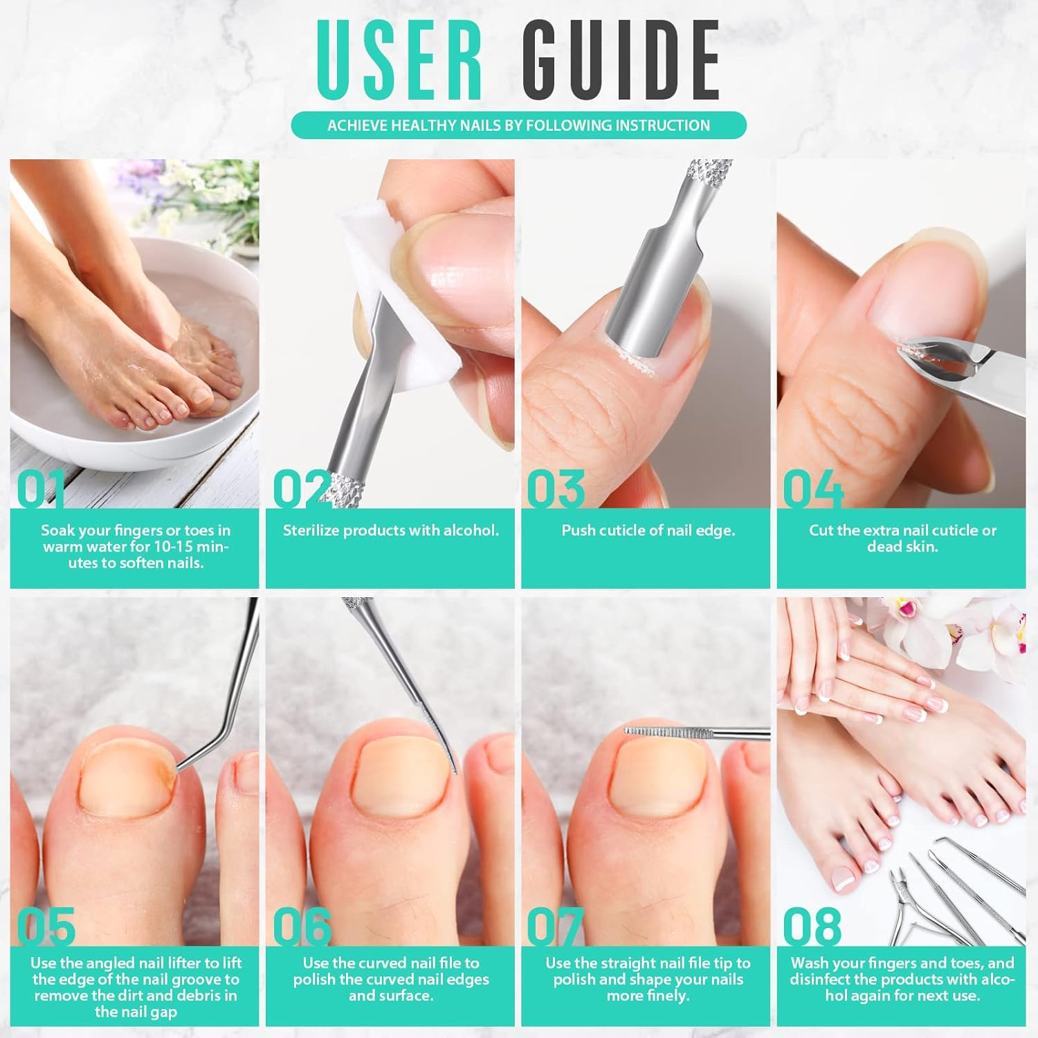 FANDAMEI 4 PCS Nail Care Kit, Nail Cuticle Nippers, Ingrown Toenail Tools Kit, Toenail File and Lifters Stainless Steel, Nail Lifter, Nail Cuticle Pushers, Professional Manicure and Pedicure Set - Silver image number 6