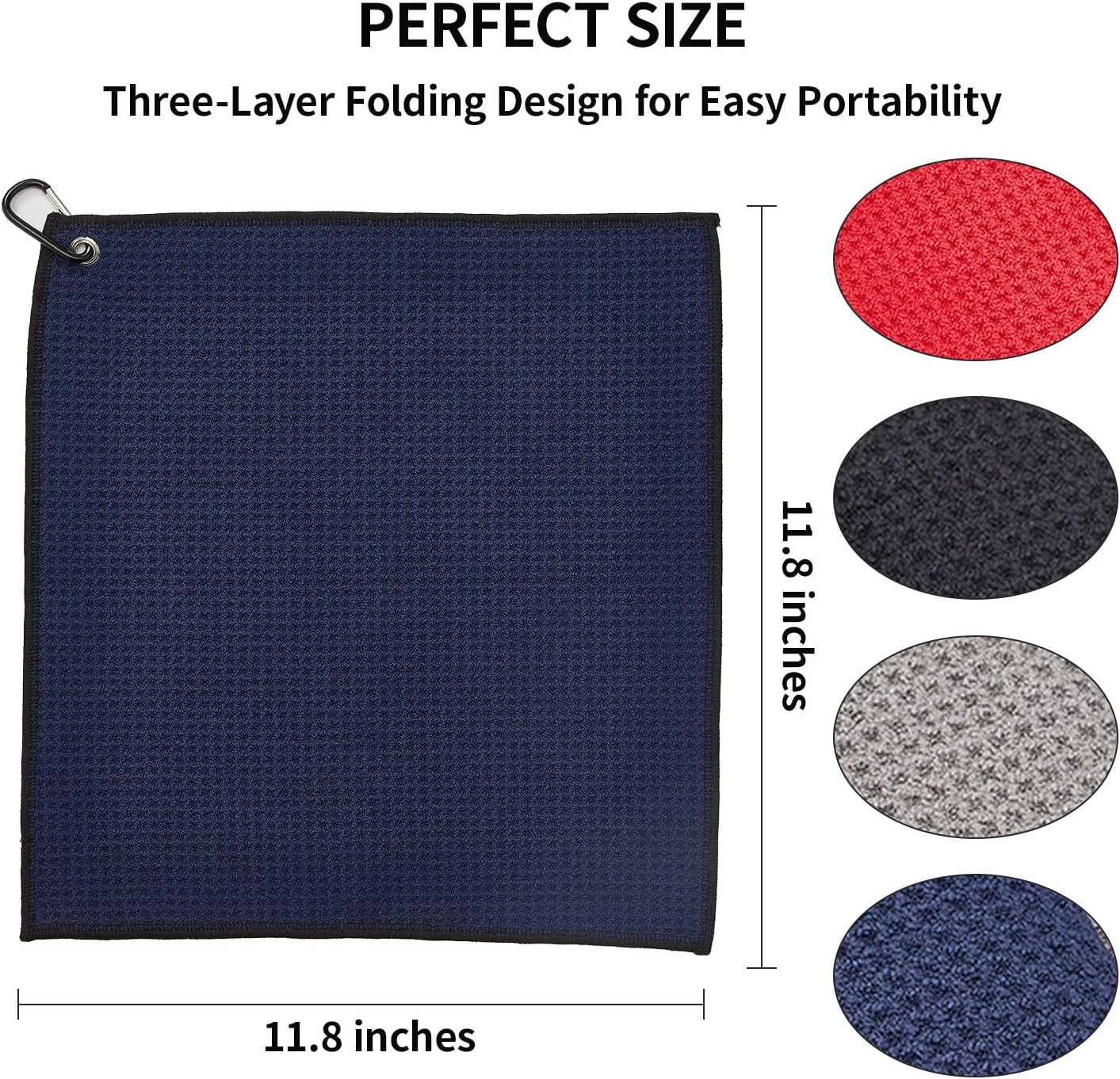 4 Pack Golf Towels, 11.8" X 11.8" Microfiber Golf Towel with Carabiner Clip, Waffle Pattern Golf Towels with Hook and Loop Fastener for Golf Bag, Golf Cleaning Towel Black/Grey/Red/Navy Blue image number 4