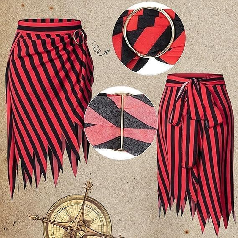 Slowton Pirate Costume Women - 2PCS Adult Renaissance Pirate Outfit with Striped Skirt and Headscarf Pirate Themed Costumes for Halloween Party Captain Carnival Music Festival