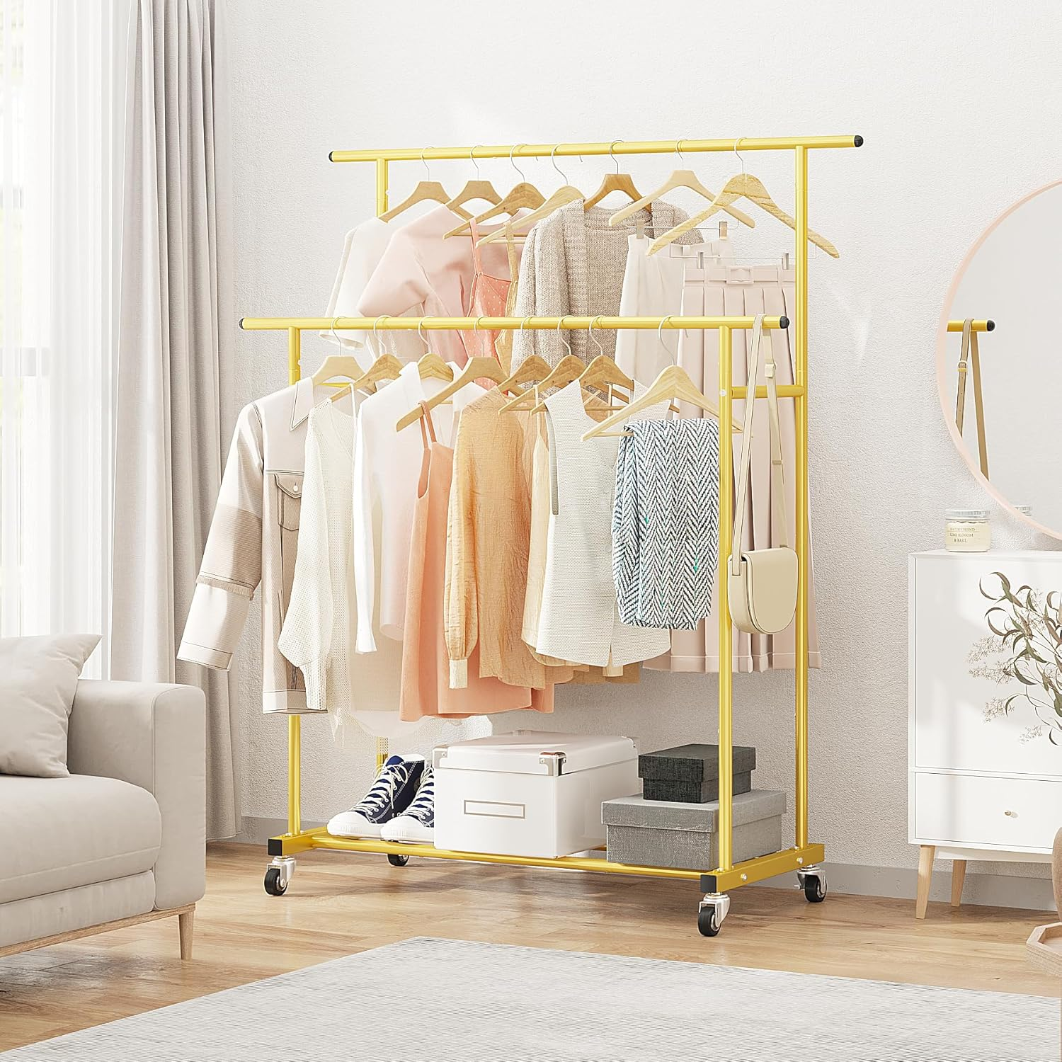 Calmootey Double Rod Clothing Garment Rack,Rolling Hanging Clothes Rack,Portable Clothes Organizer for Bedroom,Living Room,Clothing Store,Gold