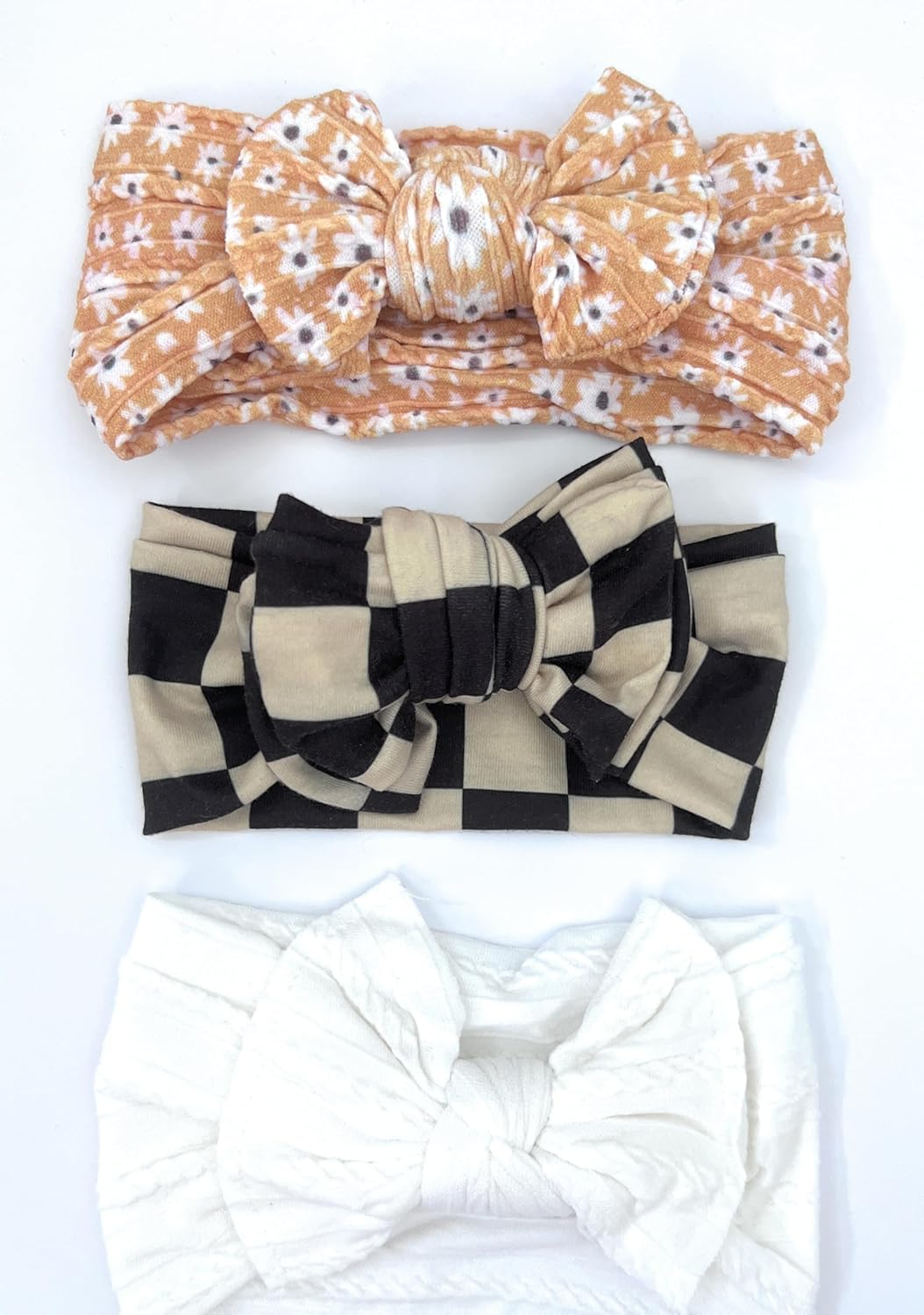 Baby Headbands Hairbands Hair Bow Elastics Handmade Hair Accessories for Baby Girls Newborn Infant Toddlers Kids. Comes in a 3-Pack, 4-Pack with Adorable Designs. Perfect for Everyday Wear, Birthdays, or Special Occasions. Floral Light Brown, Dark Square Pattern, White, (3 Pack)