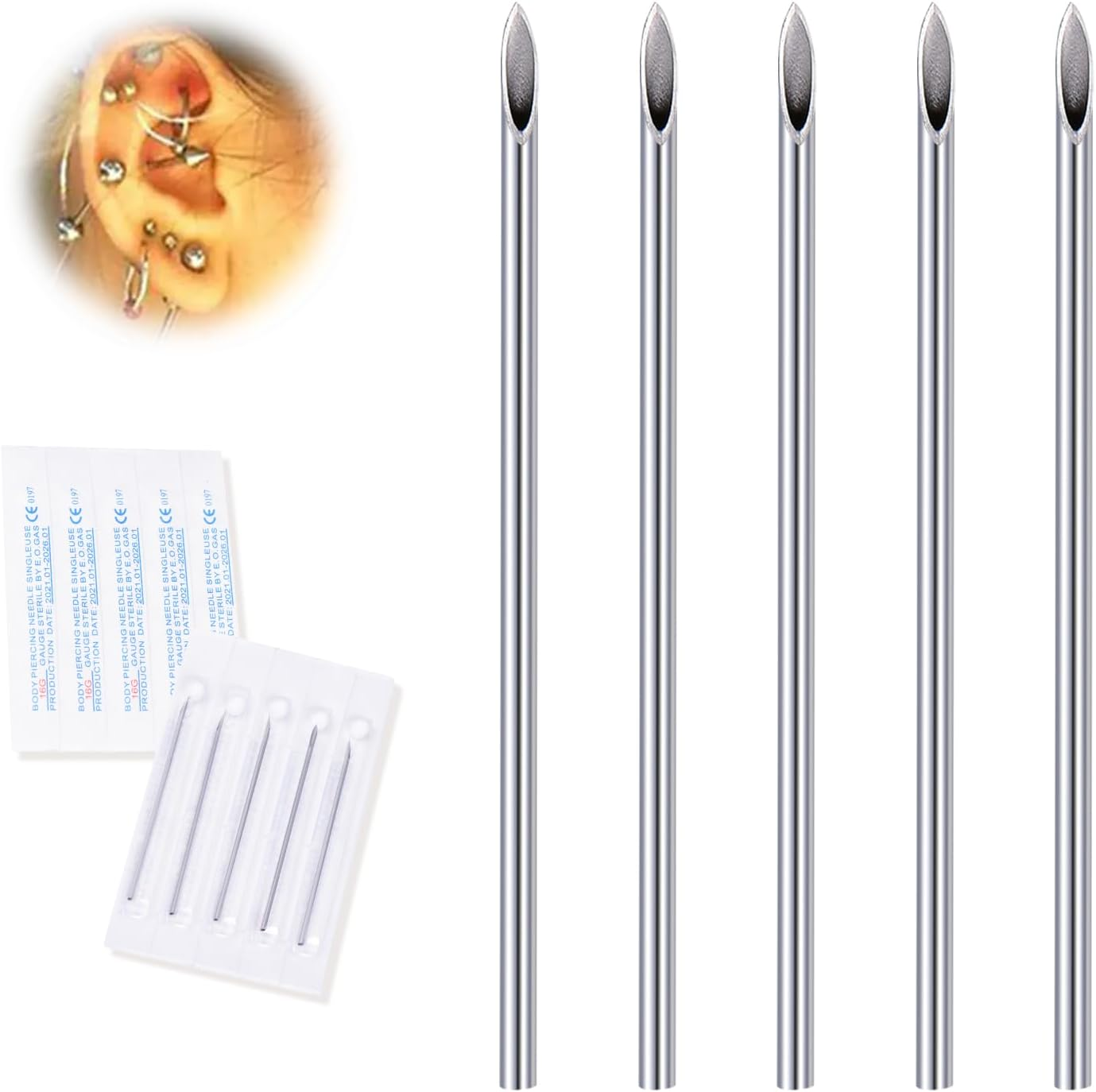 16G Body Piercing Needles,10Pcs DJCIW Sterile Disposable Stainless Steel Needles for Ear, Nose, Navel, Nipple, Lip -Ultra Sharp image number 1