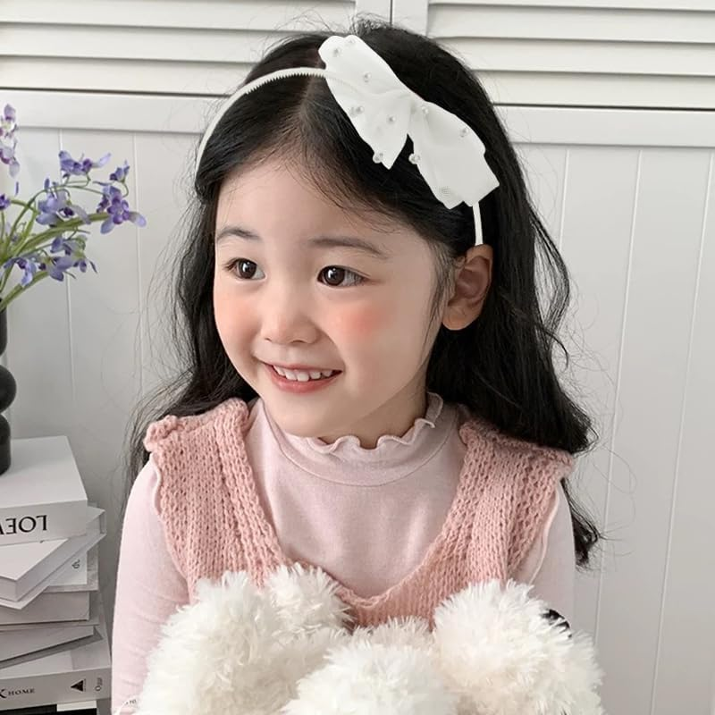Beige Bow Headband with Pearl for Toddlers Girls Lace Veil Bowknot Hair Hoop Hairband for Girls Hair Bow Accessories Thin Adjustable Headbands No Teeth Big Knotted Bow Hair Band for Kids Girls Women image number 6