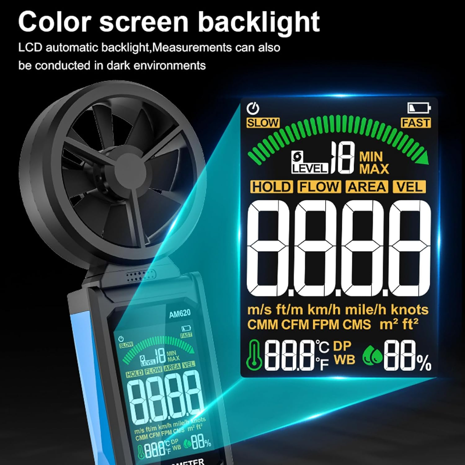 Digital Anemometer with Eight Blades and Sensor ABS Air Velocity Meter 180&deg; Rotating Fan with Backlit Screen for Wind Energy Meteorology image number 6