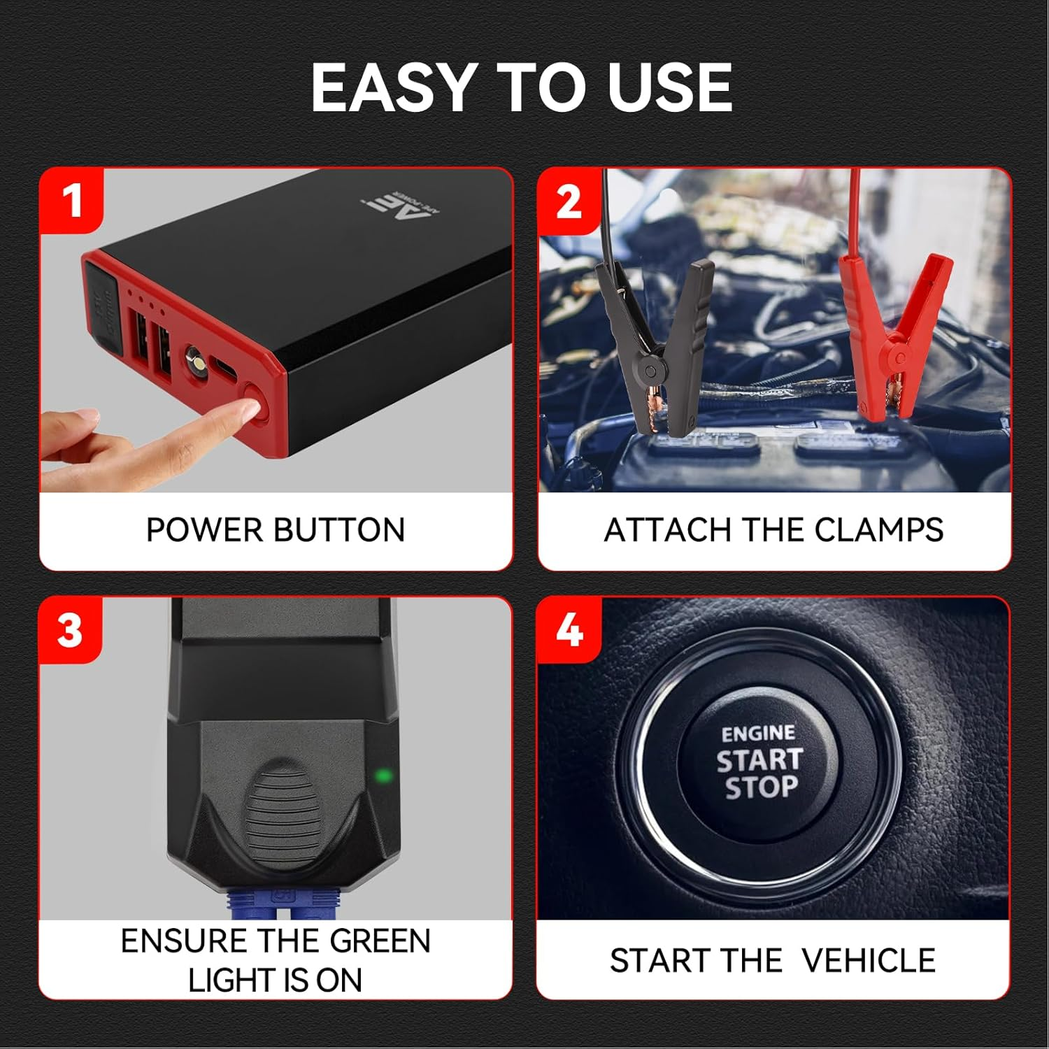 AE APE-POWER 8000Mah Car Jump Starter & Portable Charger - 1000A Peak, 29800Mah Power Bank, USB-A/C, LED Light, Safe Cables, for 5.0L Gas & 3.0L Diesel Engines image number 3