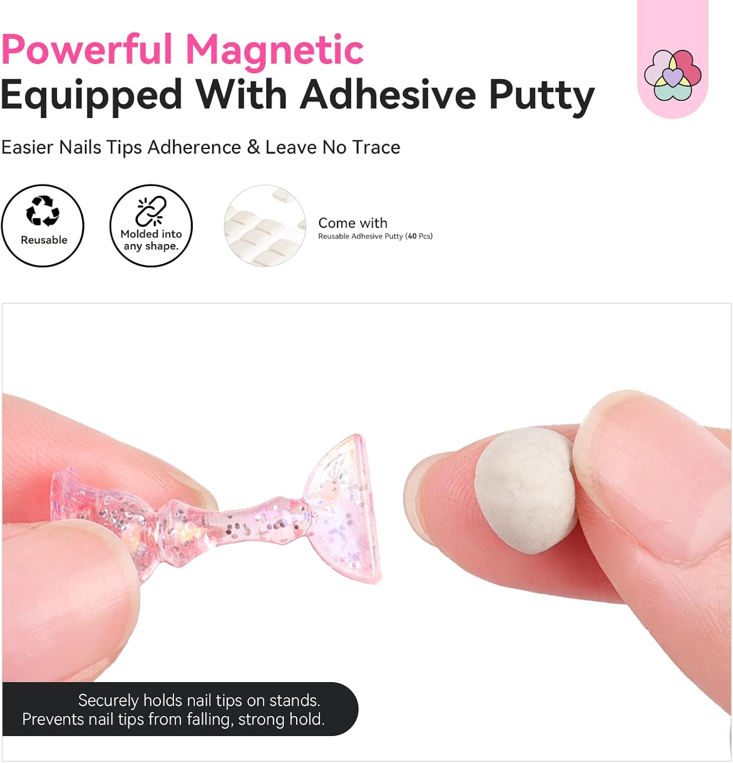 SAVILAND 3 Set Essentials Nail Stand for Press Ons: Powerful Magnetic Nail Art Stand for Painting Nails Starter Practice Fake Nails Press on Nails Holder Stand 40 Pcs Reusable Adhesive Putty Home Use image number 2