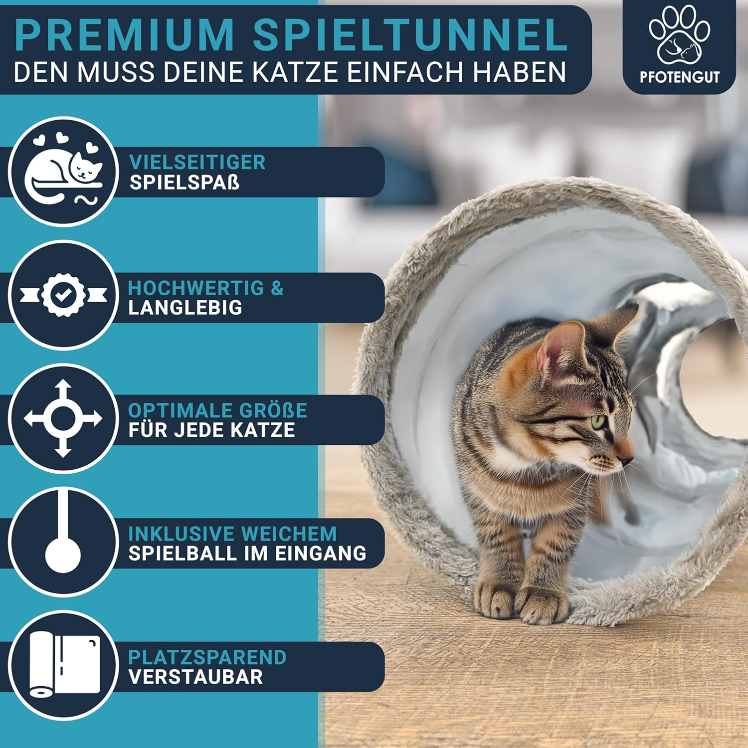 PFOTENGUT&reg; XXL Cat Tunnel for Small and Large Cats - Robust Play Tunnel for Your Cat - 115 Cm Long Tunnel with Various Openings Including Play Ball image number 5
