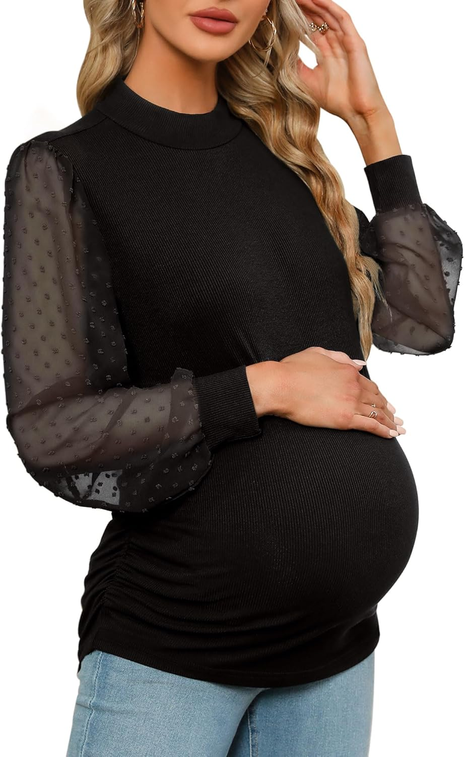 FMEYOA Women'S Maternity Shirt Long Sleeve Top Swiss Dot Mock Neck Ribbed Knit Striped Ruched Side Blouse