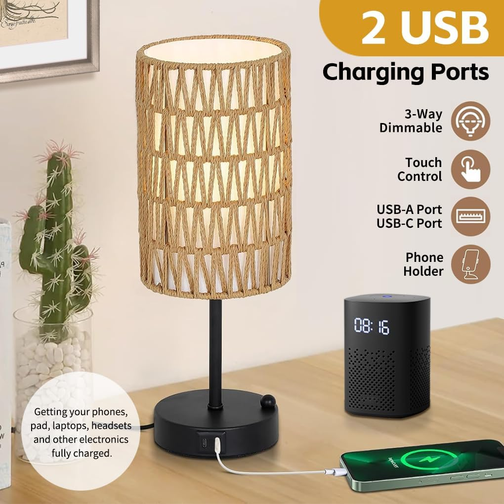 Clora Touch Bedside Lamp with USB A+C Charging Ports & 3-Way Dimmable, Rattan & Linen Shade Table Lamp with Phone Stand and 6W LED Bulb Nightstand Lamp for Bedroom Living Room Home Office (2 Pack) image number 2