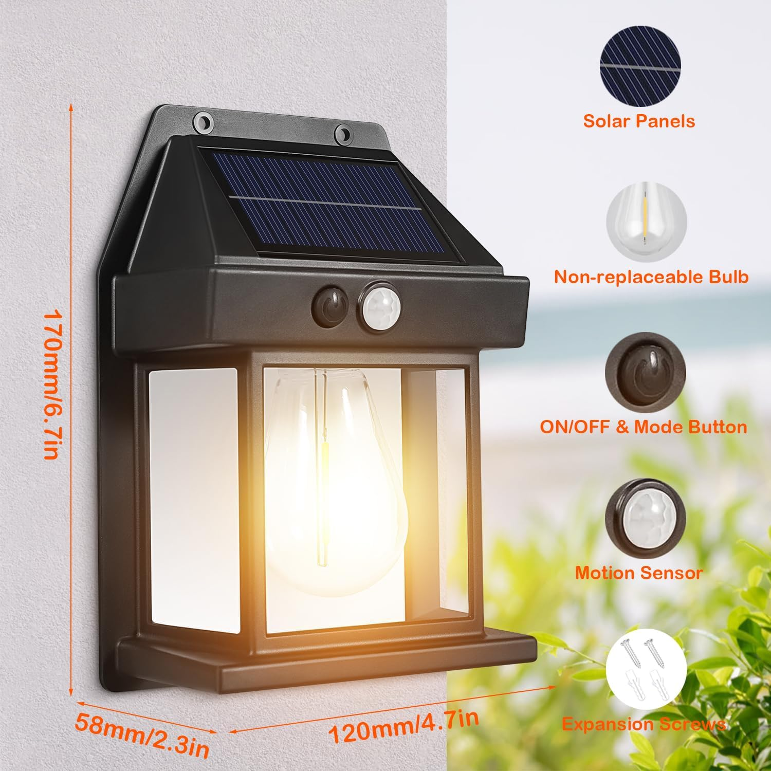 2 Pack Solar Wall Lights Outdoor, Wireless Motion Sensor with 3 Lighting Modes, Dusk to Dawn Solar Porch Tungsten Lights for Patio, Garage, Shed, Door, Yard, outside Decorative image number 1
