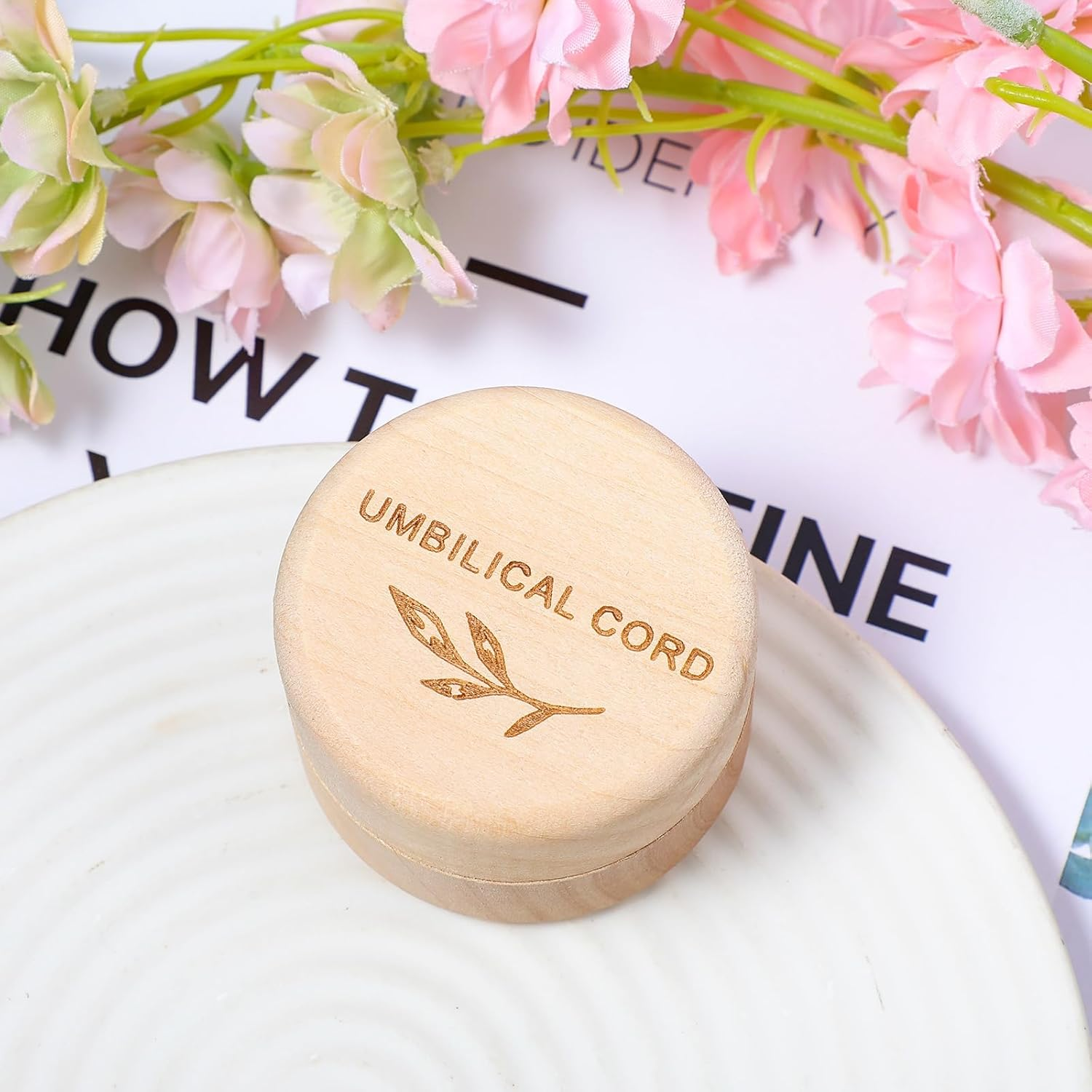 Umbilical Cord Memorial Box Engraved Wooden round Newborn Wood Case Baby Keepsake Tooth Box Fetal Hair Memorial Storage Container Carved Baby Fetal Hair Case for Babys Shower Pregnancy Christen Gift image number 5