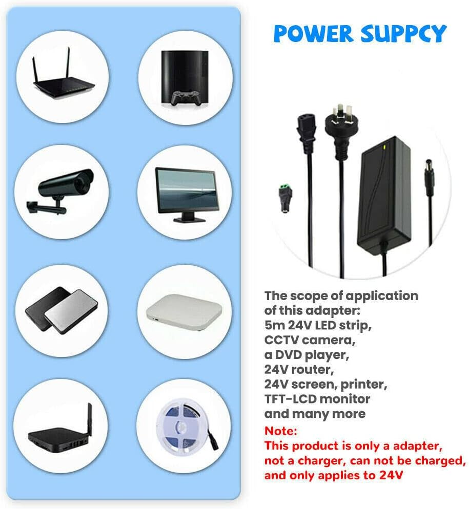 Universal AC DC Power Supply Adapter Charger (AC 100-240V to DC 24V 5A Plug 5.5X2.1Mm) for Household Electronics, Router, Speaker, Tablet, LED Strips, Webcam, Camera, USB Hub, TV Box, and More image number 2