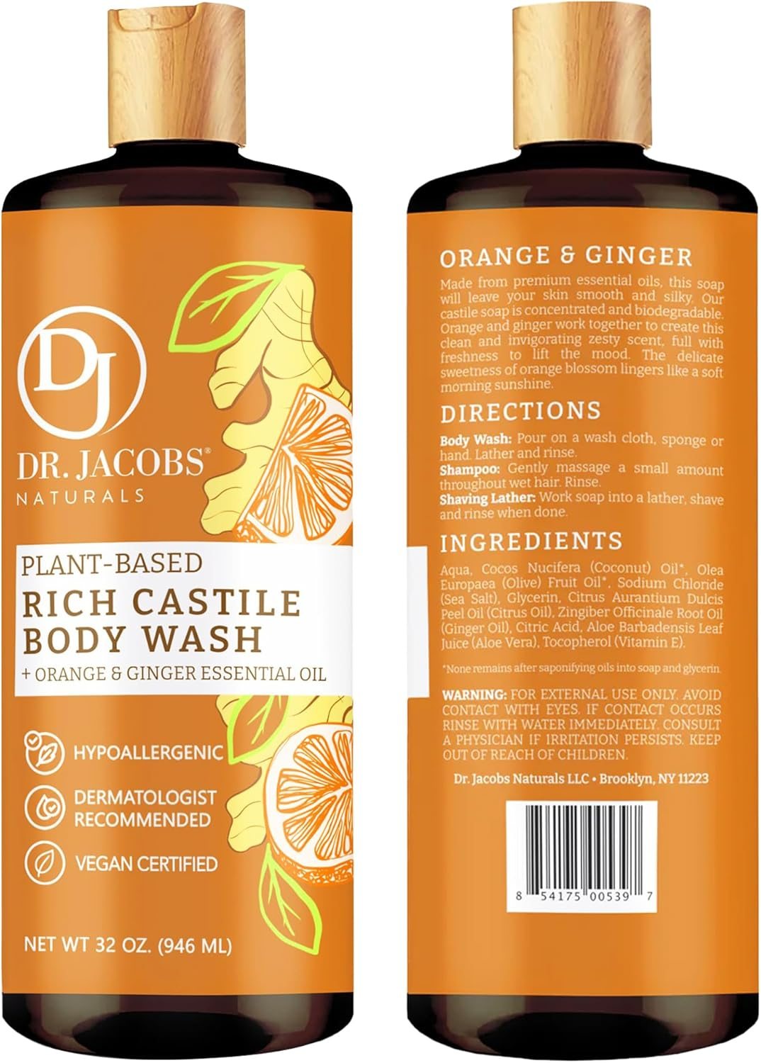 Dr. Jacobs Naturals Pure Castile Soap Liquid Body Wash, Orange & Ginger - All Natural Soap Infused with Vitamin E & Aloe Vera to Moisturize Dry and Sensitive Skin - Made in the USA - 32 Oz, Pack of 1 image number 1