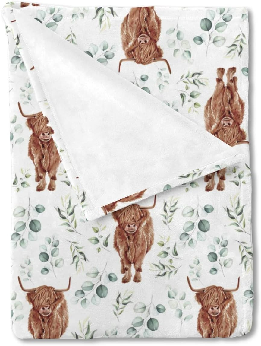 Hawskgfub Baby Toddler Boy Girl Highland Cow Eucalyptus Leaves Neutral Blanket Gift, Nursery Farm Animal Flannel Fleece Swaddling Blankets, Western Yak Soft Newborn Baby Shower Kids Crib Bedding 30X40