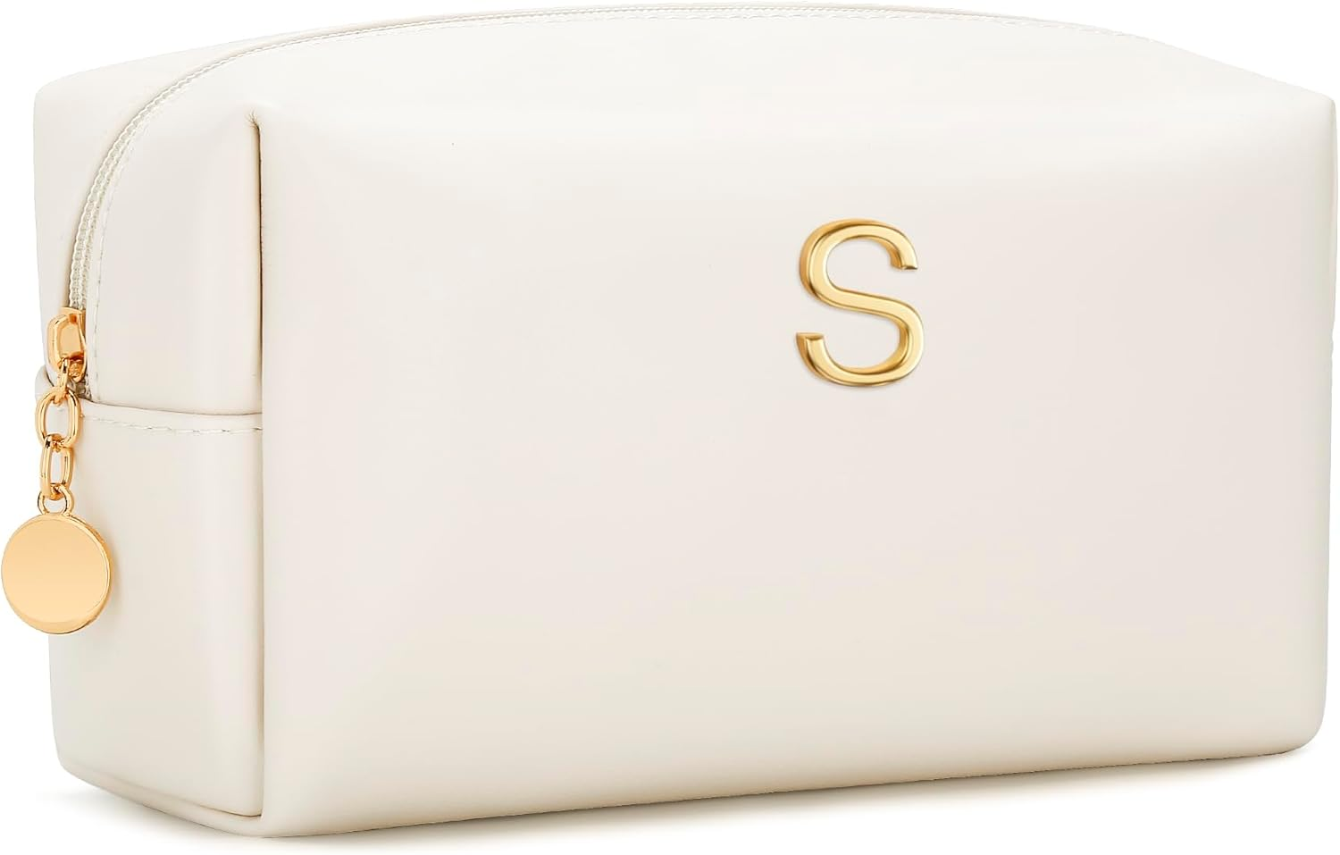 CLOUDWINGS Initial Makeup Bag Vegan Leather Cosmetic Bag, Beige image number 2