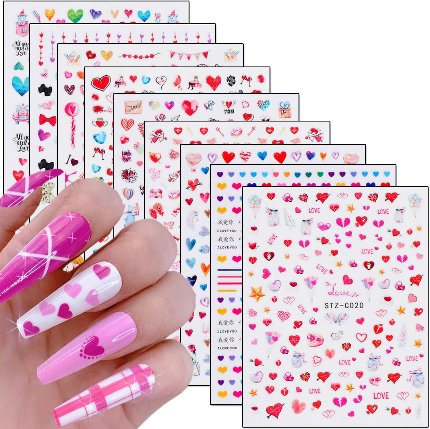 Love Heart Nail Art Stickers, Colorful Hearts Nail Decals 3D Self-Adhesive Nail Sticker Design Holographic Valentine'S Day Love Nail Art Supplies for Women Girls Manicure Charms Decoration(9 Sheets) image number 2