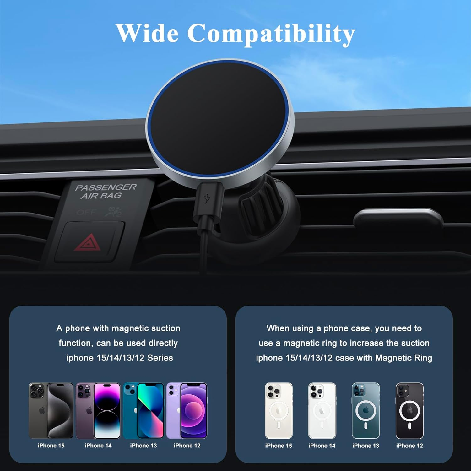 Leonids Wireless Car Charger for Iphone 16 15 14 13 Pro Max, 15W Magnetic Wireless Fast Charging with Air Vent Mount & Dashboard Mount & Car Charger Adapter for Magsafe Car Mount Charger