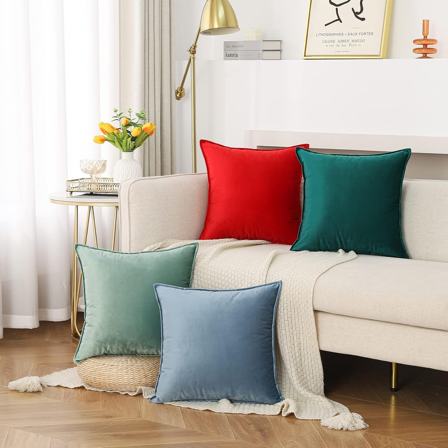 JIAHANNHA Velvet Green Throw Pillow Covers Pack of 2 Decorative Soft for Couch Sofa Bedroom Livingroom Car 20&times;20 Inches image number 4