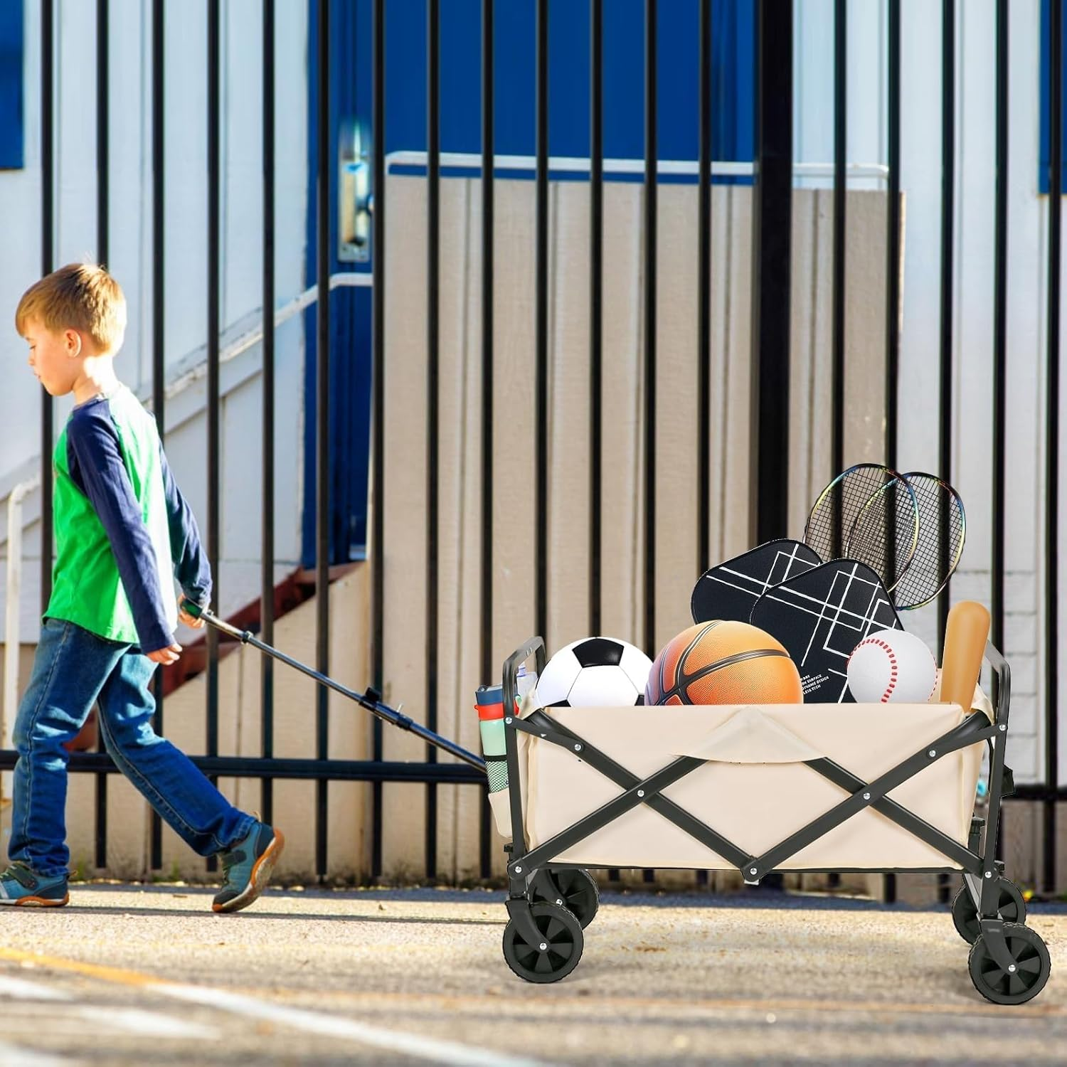 Collapsible Wagon Cart, Ultra-Large Wagons Carts Foldable, Heavy Duty Folding Wagon with Wheels, Utility All Terrain Wagon for Groceries, Garden, Sports, Beach, Shopping,(Beige) 330Lbs image number 2