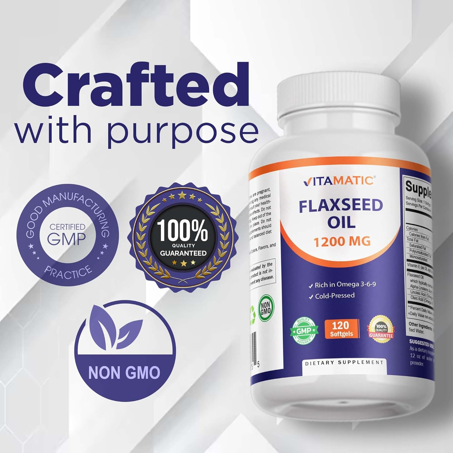Vitamatic Flaxseed Oil 1200Mg 120 from Cold Pressed Flax Seed - 675 Mg of ALA Omega 3 Fatty Acids for Improving Heart Health image number 1