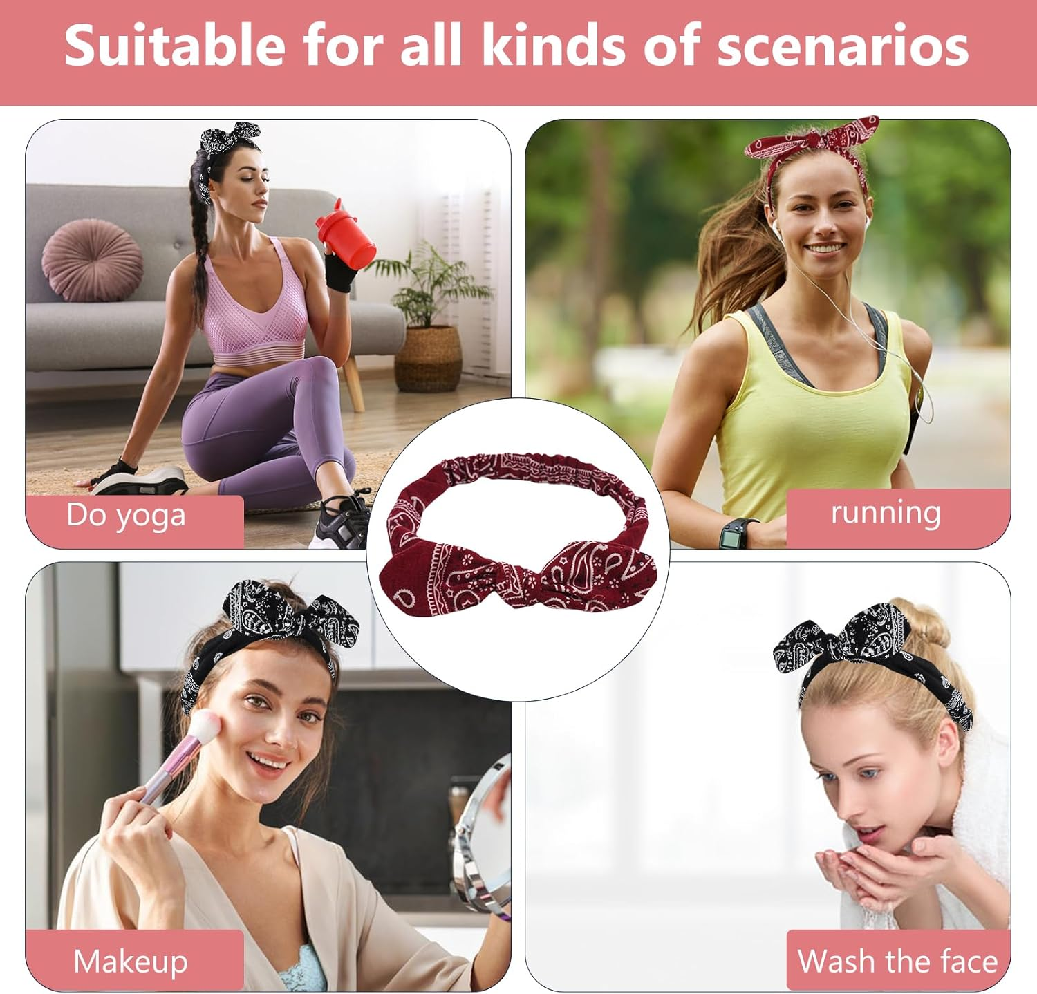 Culinavog Pack of 3 Boho Hair Bands, Women'S Retro Polka Dot Print Headbands, Paisley Print Headband, Boho Bow Bandana, Adjustable Headwrap for Everyday, Sports, Yoga (Red + Black + White) image number 1
